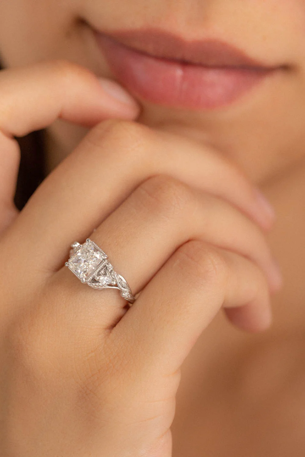 Radiant cut lab grown diamond engagement ring, white gold leaves and diamonds proposal ring / Patricia - Image 5