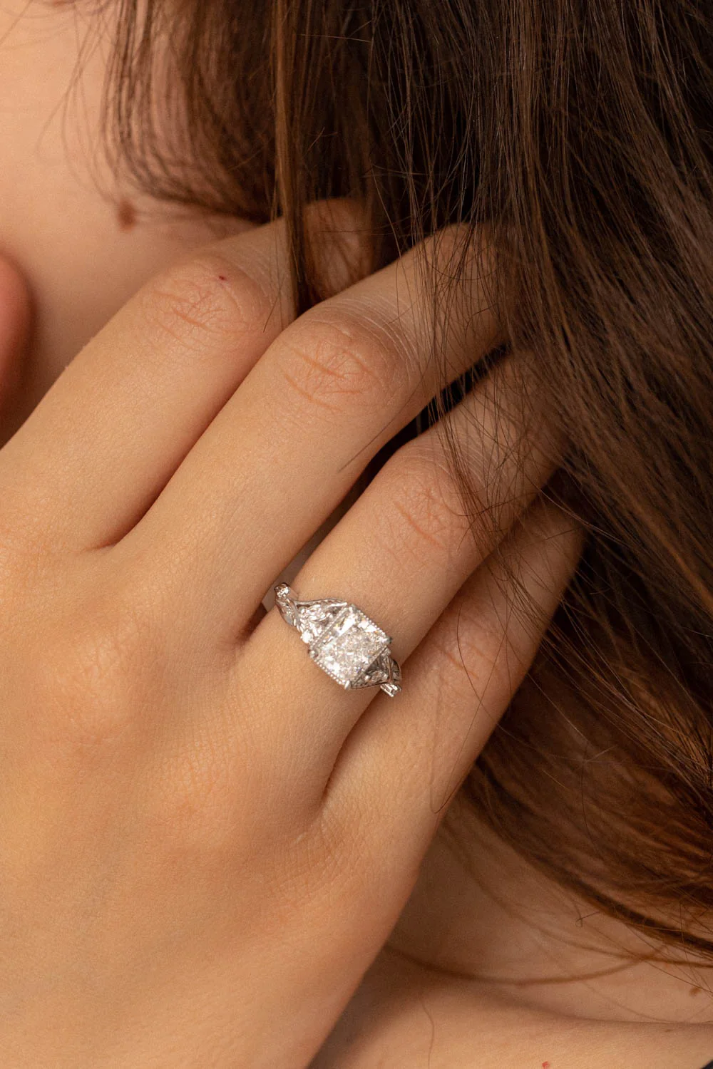 Radiant cut lab grown diamond engagement ring, white gold leaves and diamonds proposal ring / Patricia - Image 6