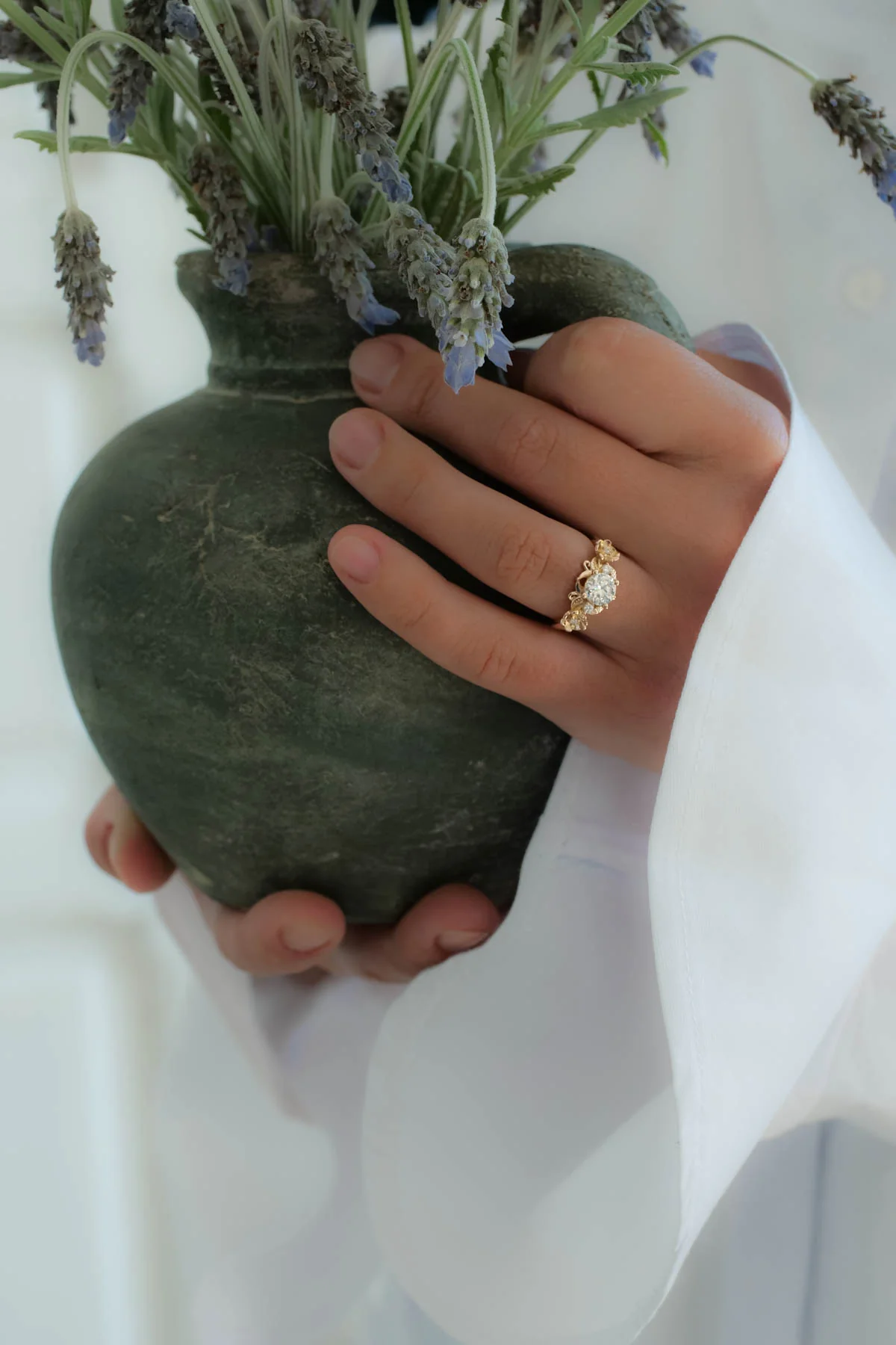 READY TO SHIP: Adelina floral engagement ring with round lab grown diamond, 14K yellow gold, RING SIZES: 5.5 - 8.5 US - Image 6