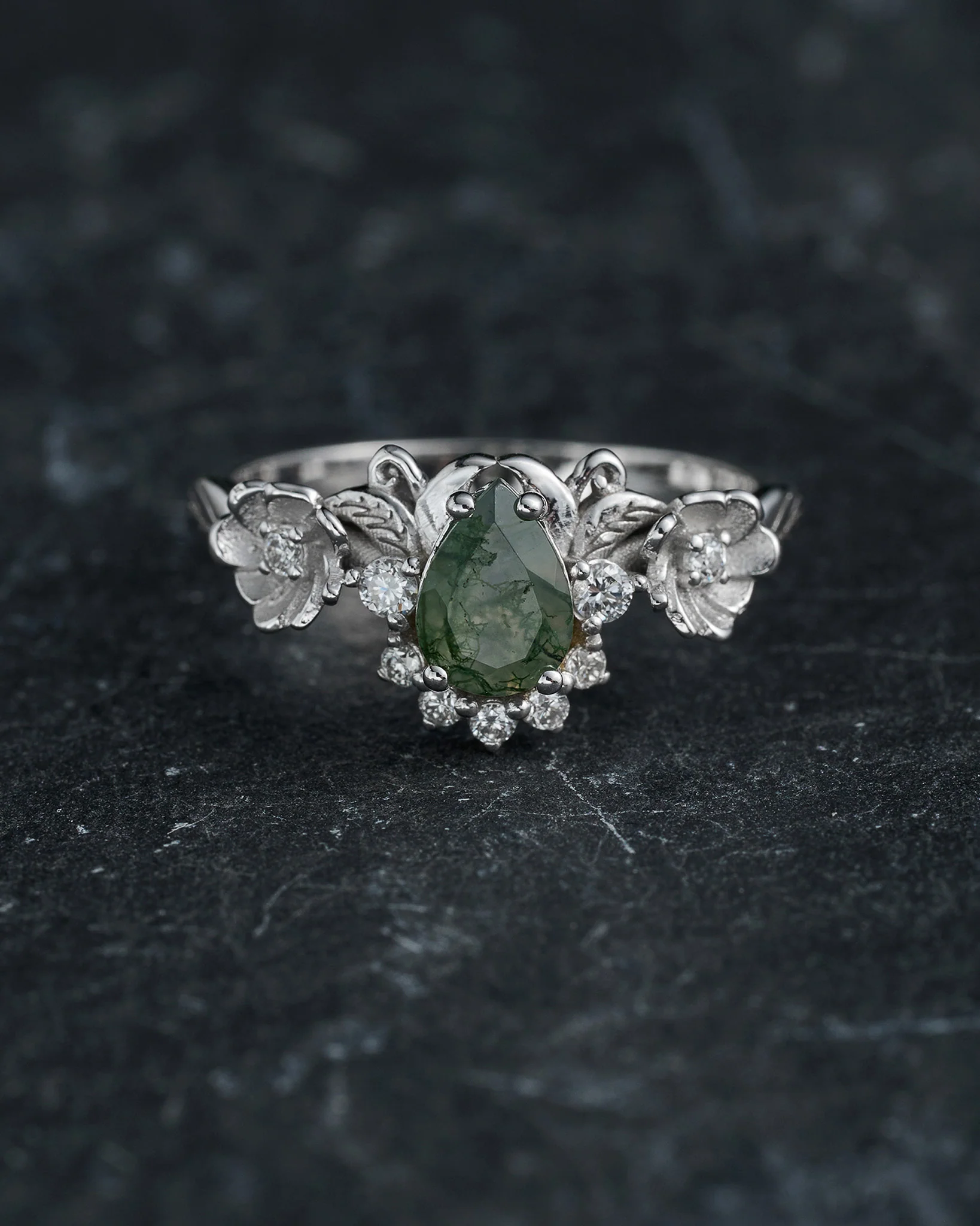 READY TO SHIP: Adelina half halo engagement ring with moss agate and diamonds, 14K white gold, RING SIZES: 5.5 - 8.5 US