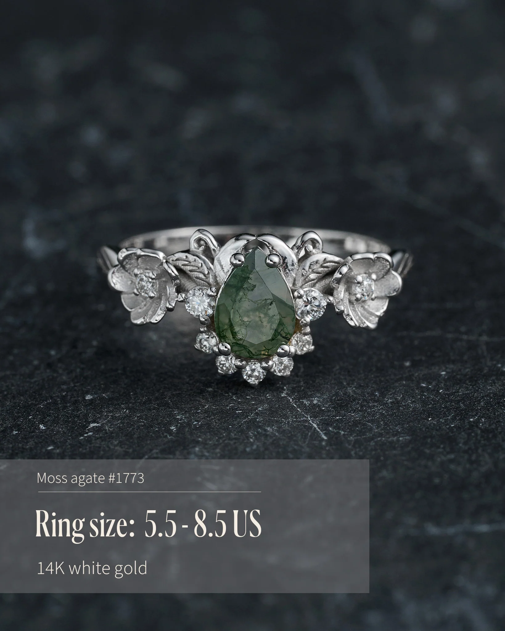 READY TO SHIP: Adelina half halo engagement ring with moss agate and diamonds, 14K white gold, RING SIZES: 5.5 - 8.5 US - Image 2