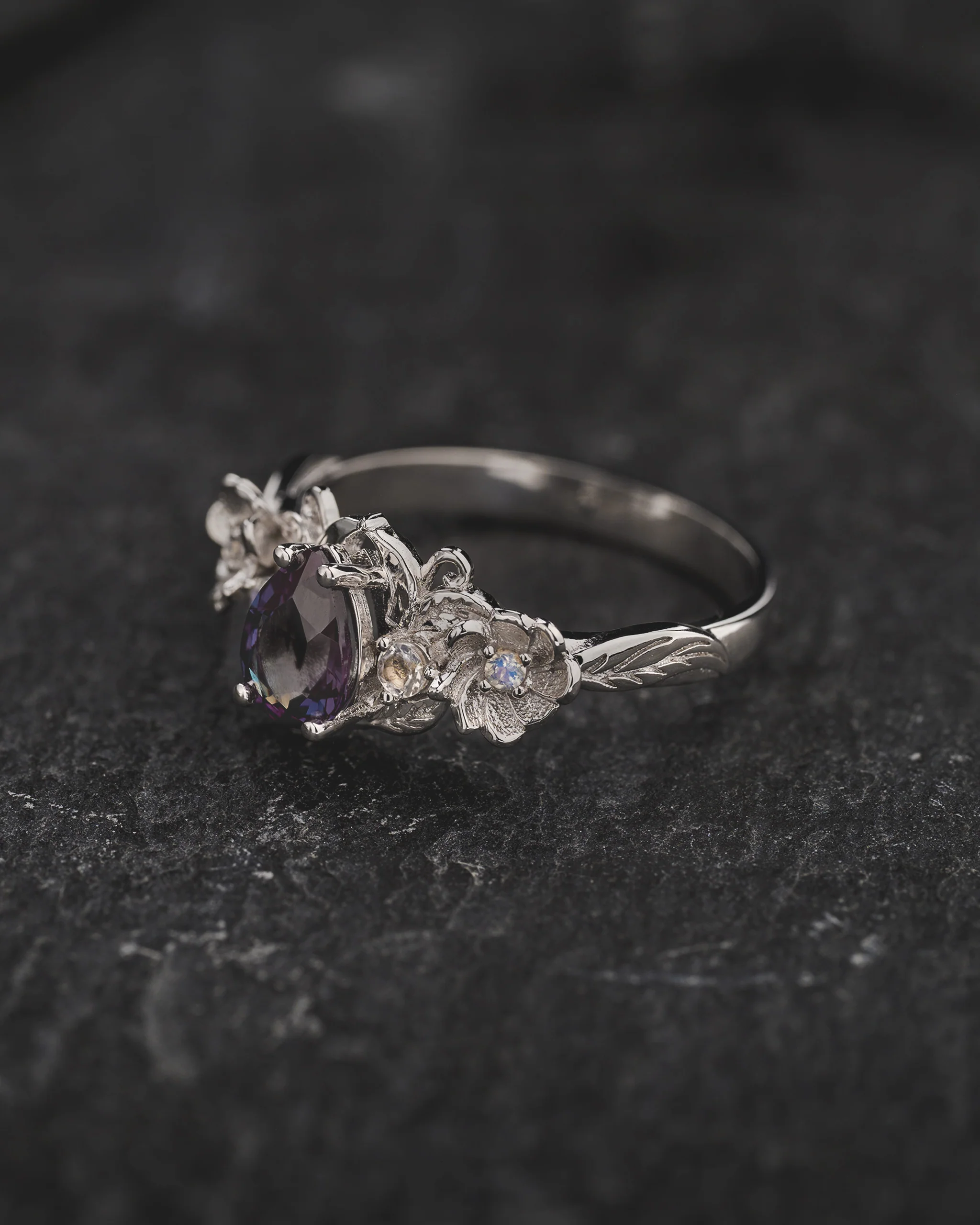 Engagement Ring with Pear-Cut Color-Changing Alexandrite and Moonstones / Adelina - Image 3