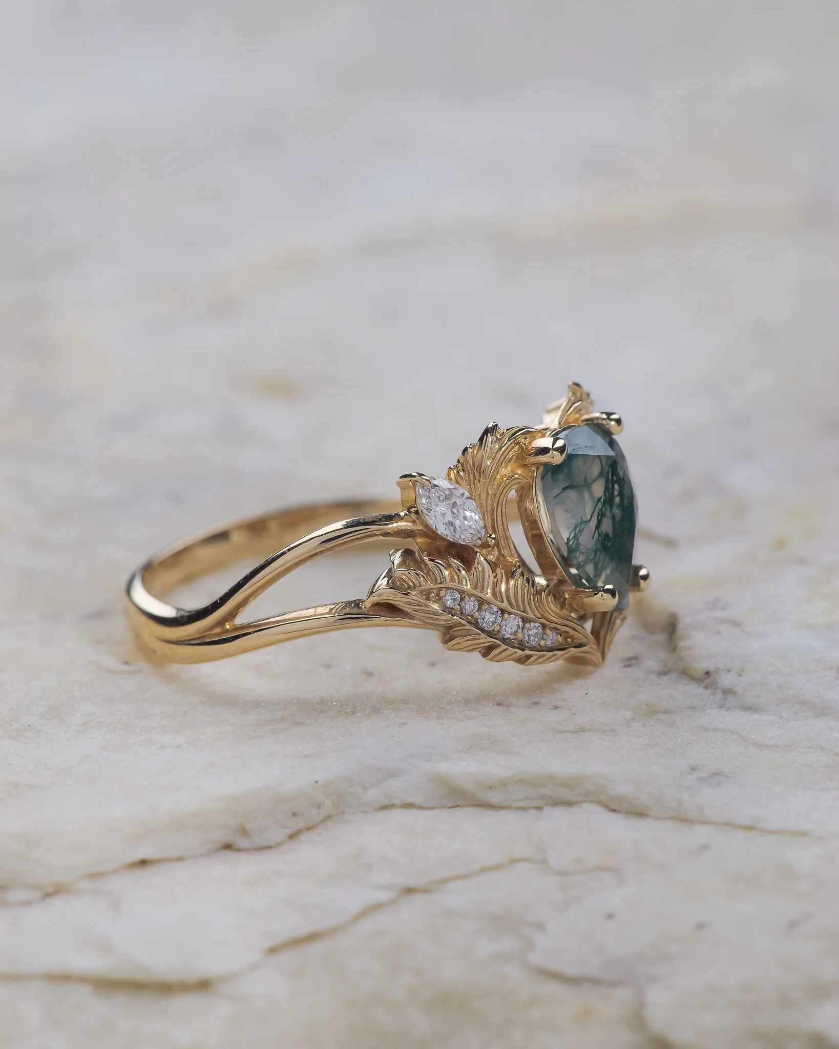 READY TO SHIP Adonis ring in 14K or 18K yellow gold, pear cut moss agate, accent lab grown diamonds, RING SIZES: 6 - 9.5 US - Image 3