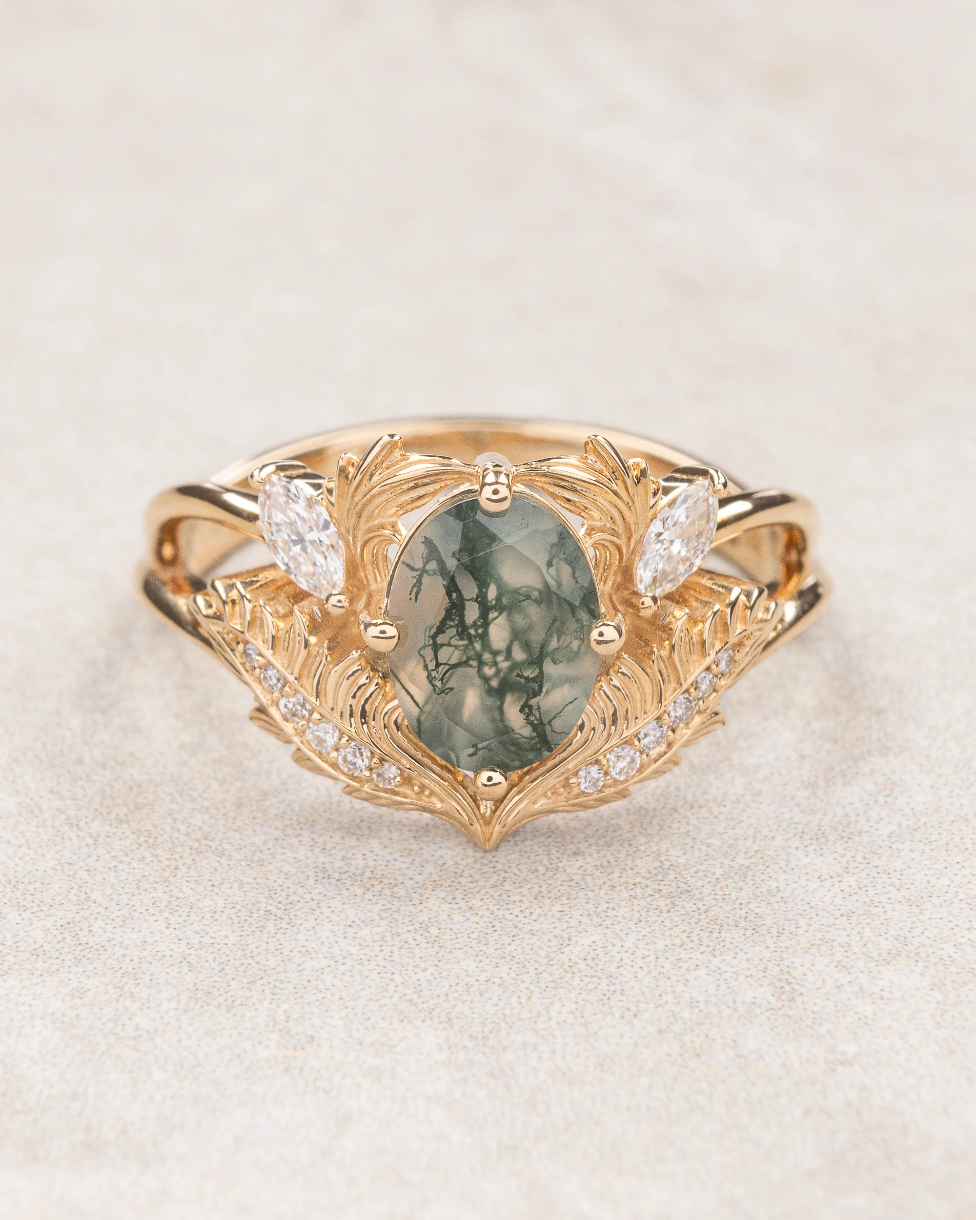 READY TO SHIP Adonis ring in 14K yellow gold, oval cut moss agate, accent lab grown diamonds, RING SIZES: 5.5 - 8.5 US