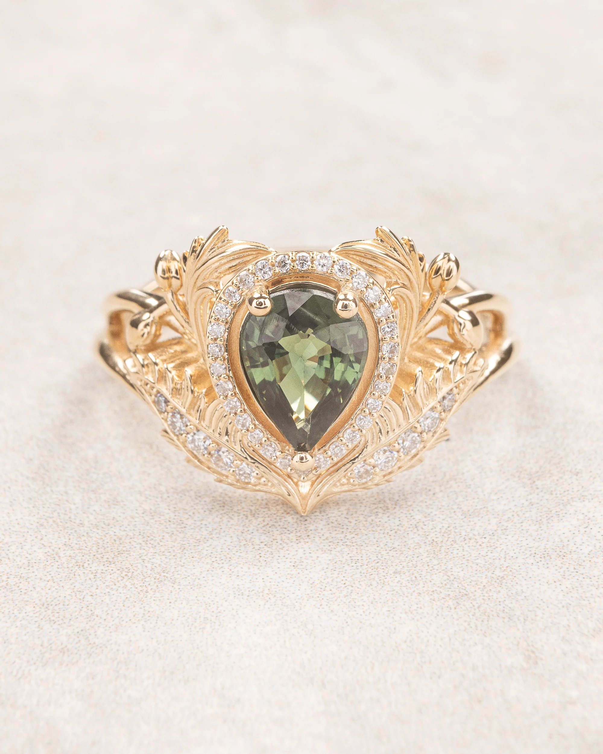 READY TO SHIP: Adonis ring with green sapphire and diamond halo, 14K yellow gold, RING SIZES: 5.5 - 8.5 US