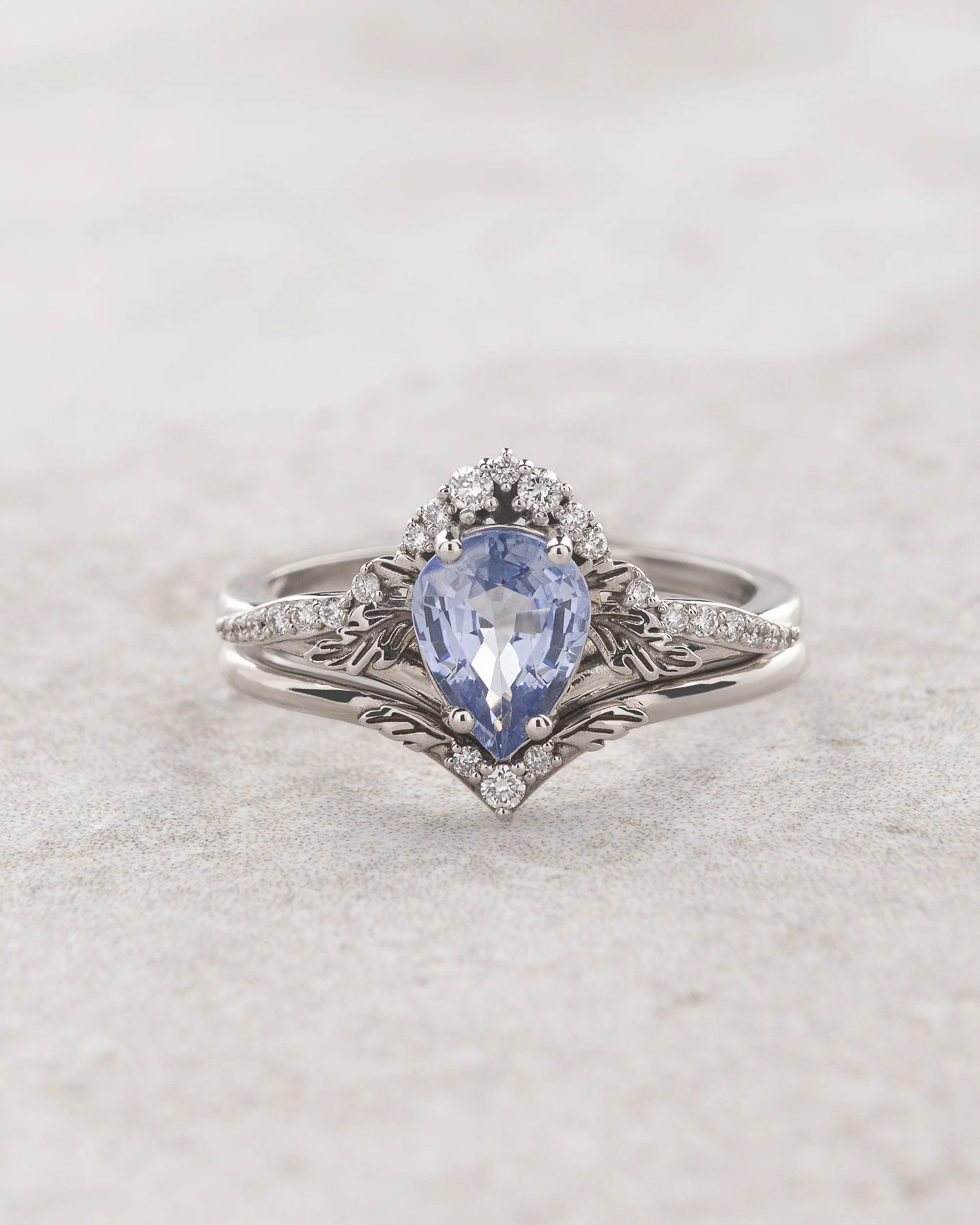 READY TO SHIP Amelia bridal ring set, 14K white gold, natural blue sapphire and diamonds, RING SIZES: 4.5 - 7.5 US