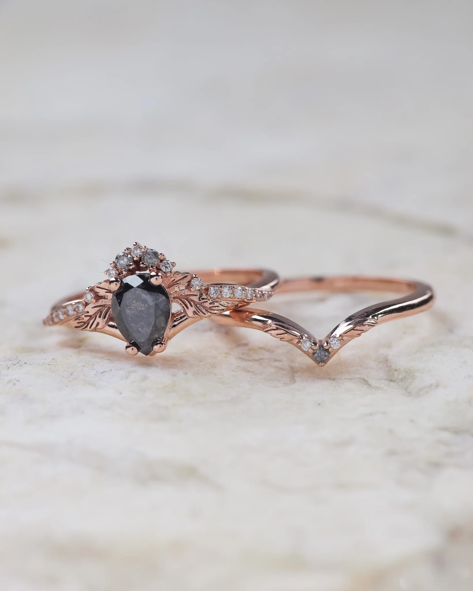 READY TO SHIP Amelia in 14K rose gold, bridal ring set with natural salt & pepper diamonds, AVAILABLE RING SIZES: 5.5 - 8.5 US - Image 2