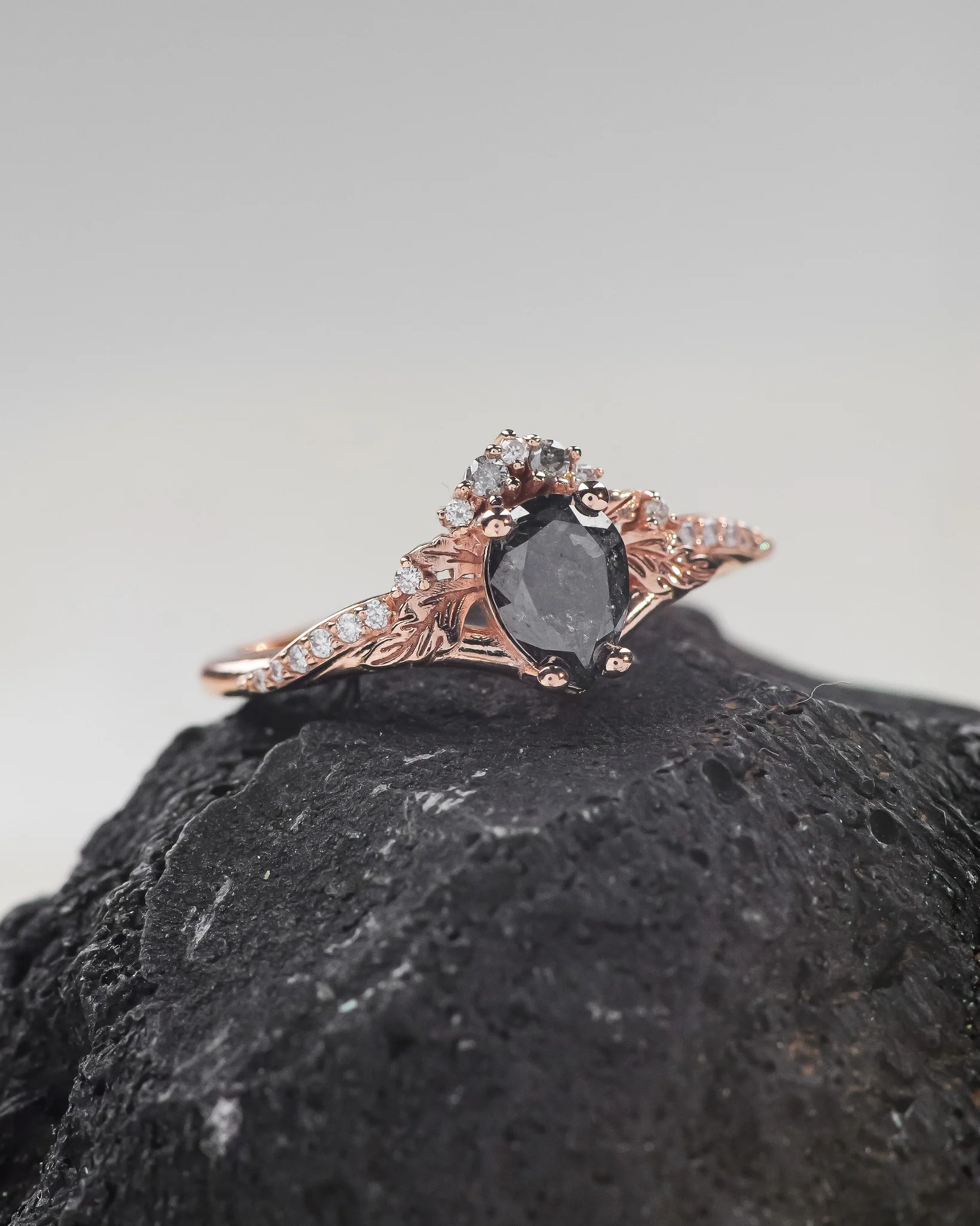 READY TO SHIP Amelia in 14K rose gold, bridal ring set with natural salt & pepper diamonds, AVAILABLE RING SIZES: 5.5 - 8.5 US - Image 4