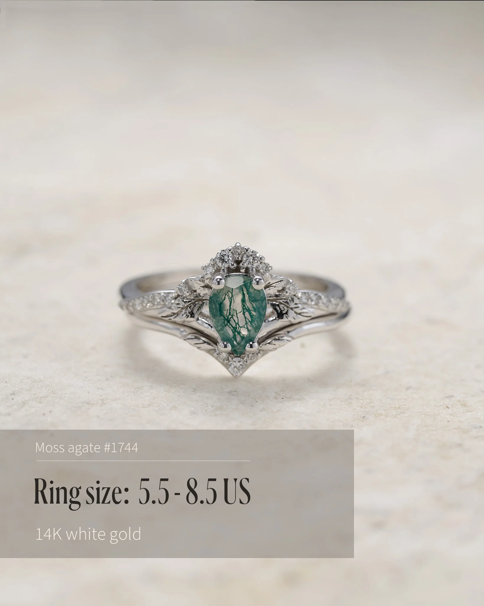 READY TO SHIP Amelia in 14K white gold, bridal set with natural moss agate and diamonds, AVAILABLE RING SIZES: 5.5 - 8.5 US - Image 2
