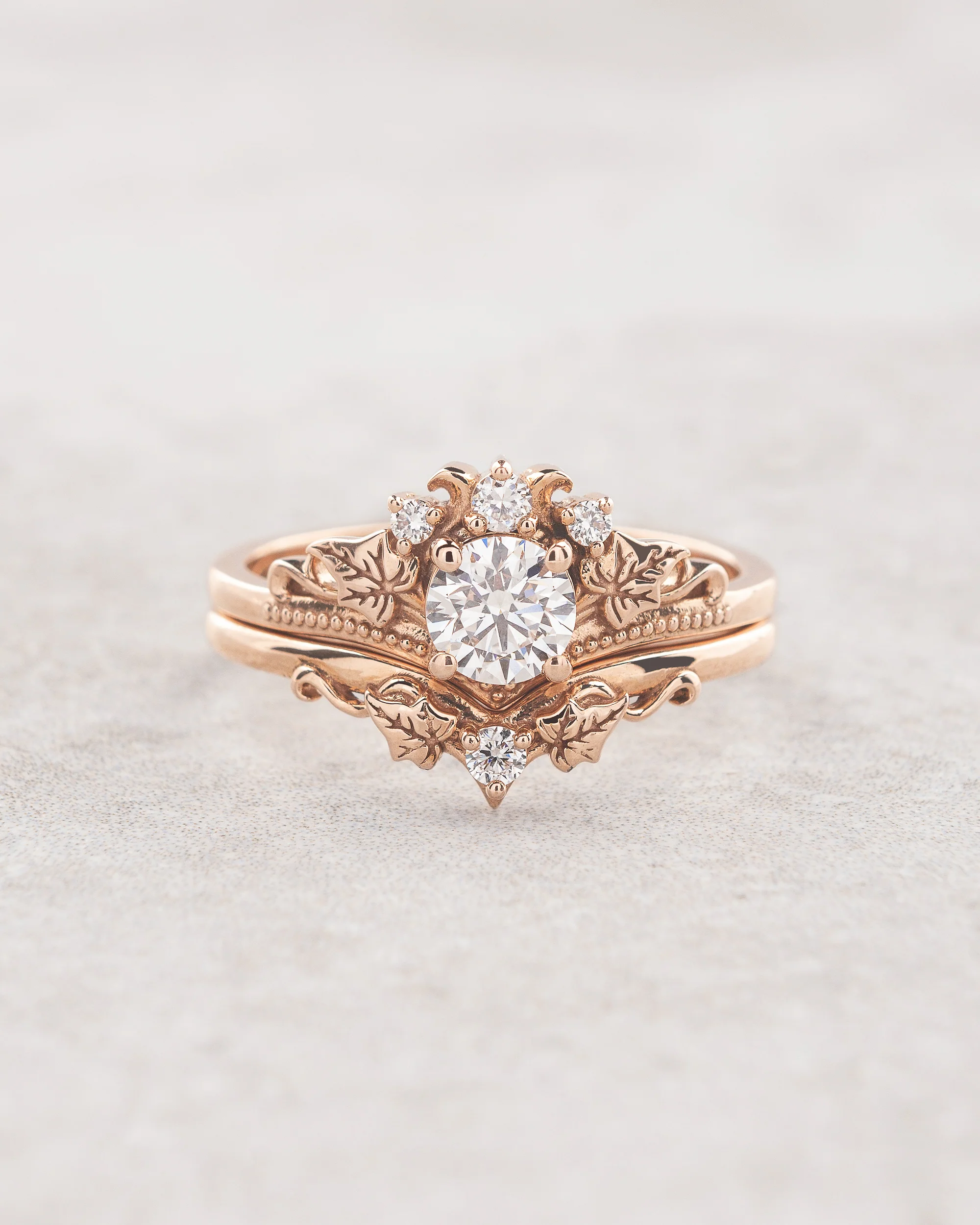 READY TO SHIP Ariadne in 14K rose gold, bridal ring set with ivy leaves and diamonds, AVAILABLE RING SIZES: 5.5 - 8.5 US