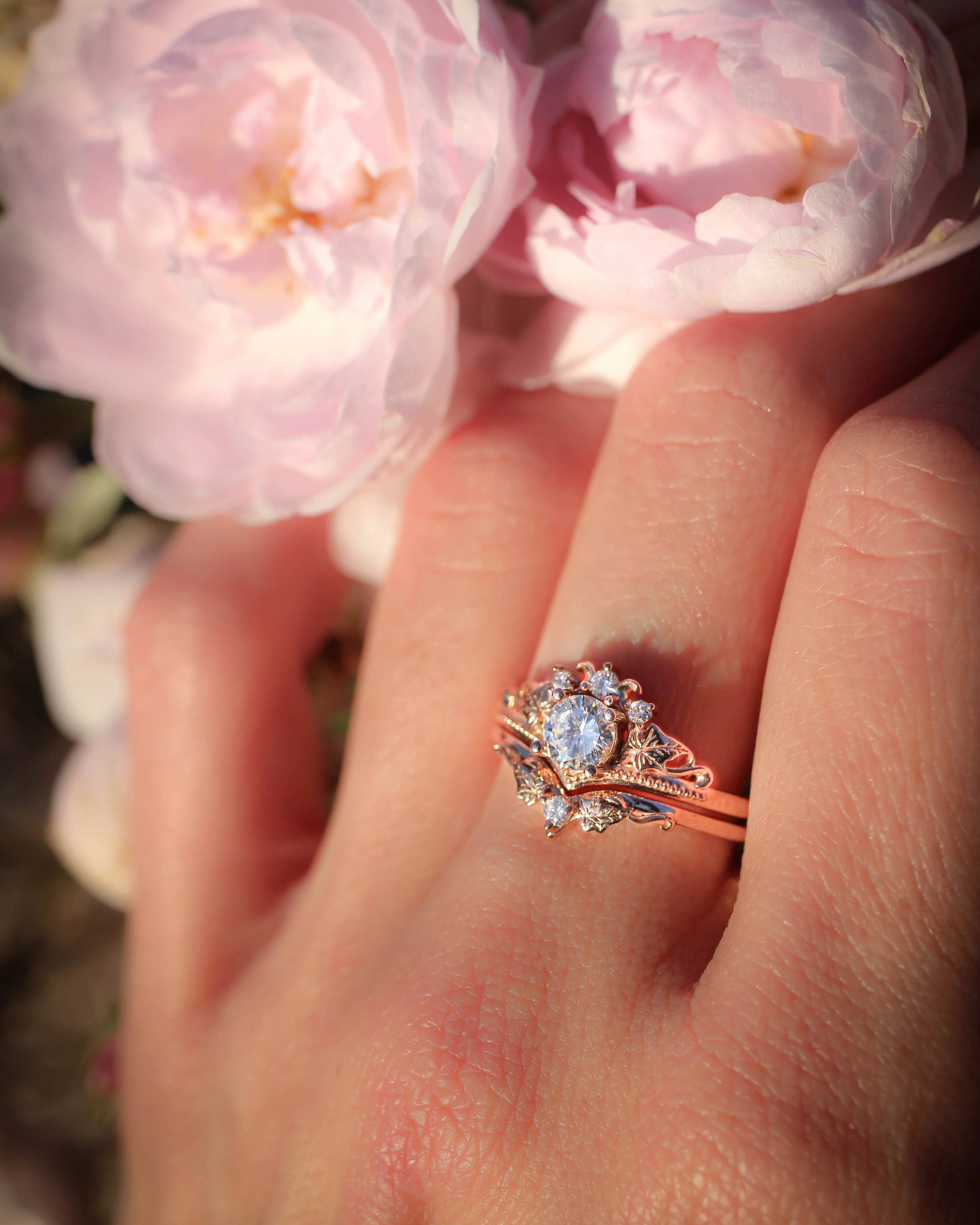 READY TO SHIP Ariadne in 14K rose gold, bridal ring set with ivy leaves and diamonds, AVAILABLE RING SIZES: 5.5 - 8.5 US - Image 2