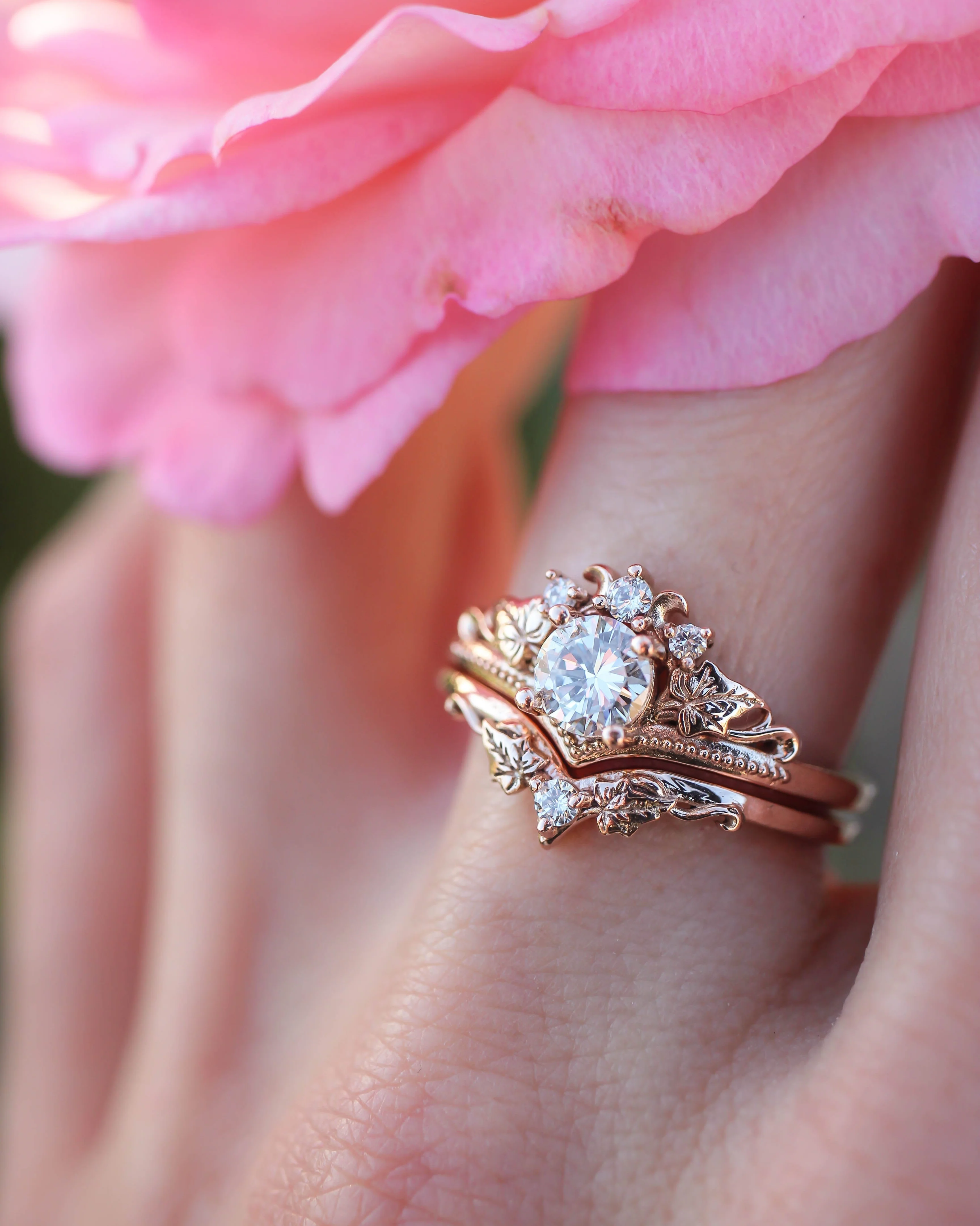 READY TO SHIP Ariadne in 14K rose gold, bridal ring set with ivy leaves and diamonds, AVAILABLE RING SIZES: 5.5 - 8.5 US - Image 6