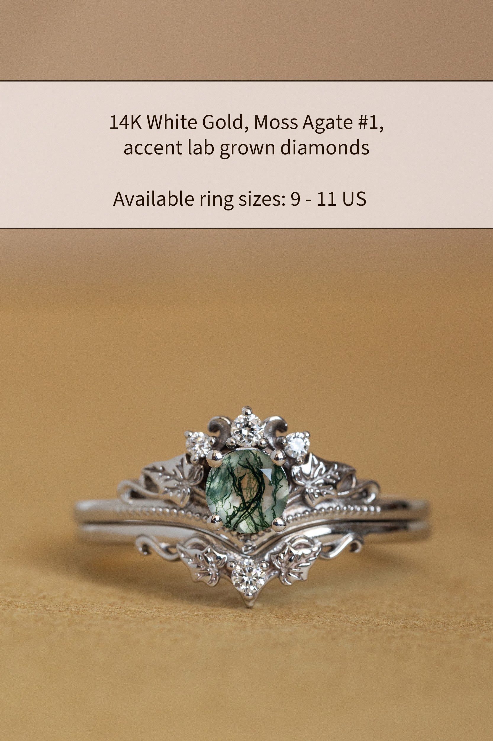 READY TO SHIP Ariadne bridal ring set in 14K white gold, natural moss agate 5 mm, accent lab grown diamonds, AVAILABLE RING SIZES: 5.5 - 11 US - Image 2