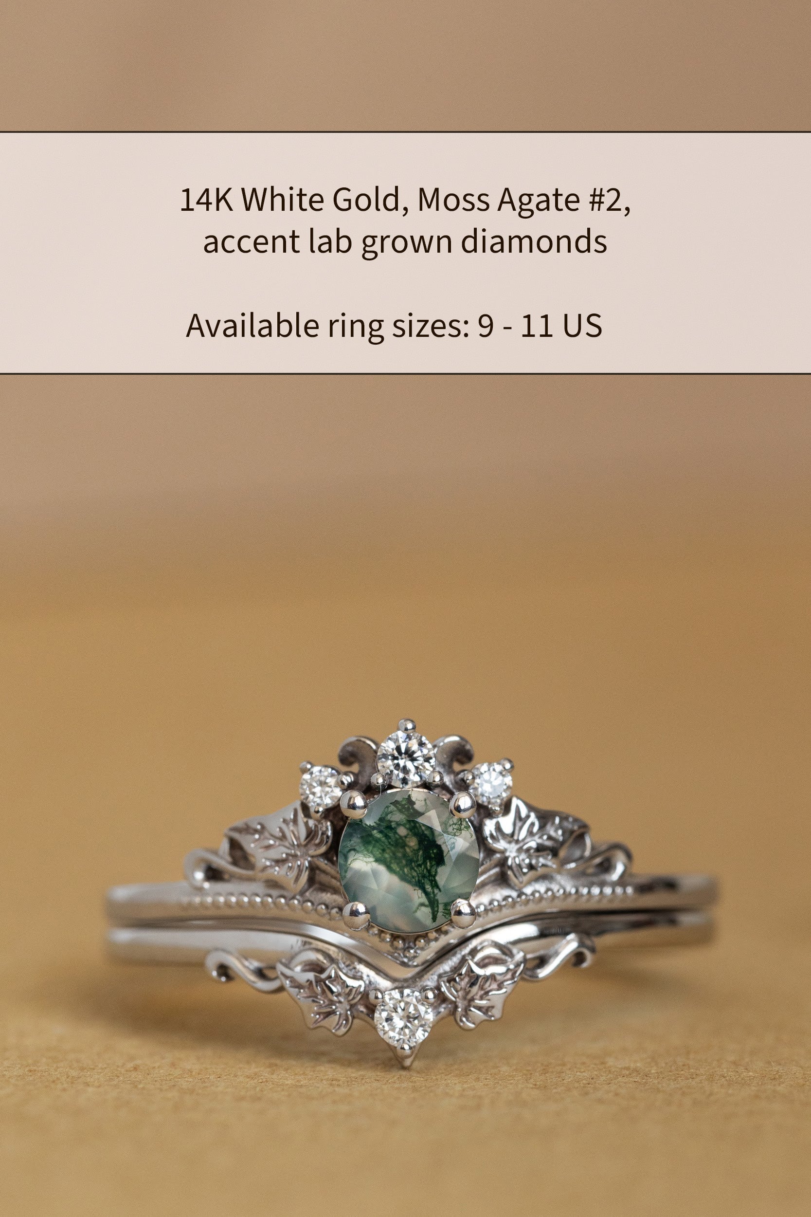 READY TO SHIP Ariadne bridal ring set in 14K white gold, natural moss agate 5 mm, accent lab grown diamonds, AVAILABLE RING SIZES: 5.5 - 11 US - Image 3
