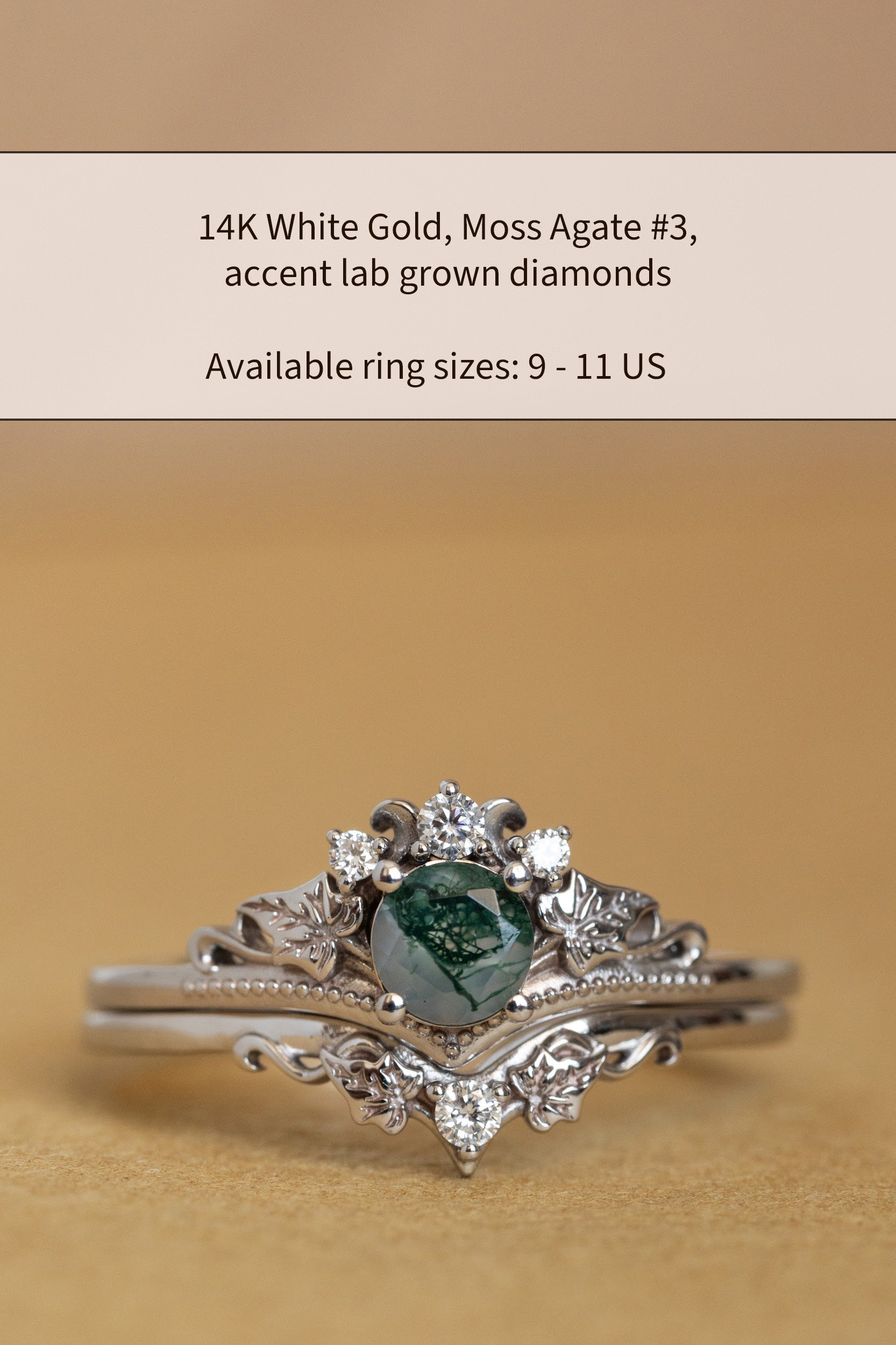 READY TO SHIP Ariadne bridal ring set in 14K white gold, natural moss agate 5 mm, accent lab grown diamonds, AVAILABLE RING SIZES: 5.5 - 11 US - Image 4