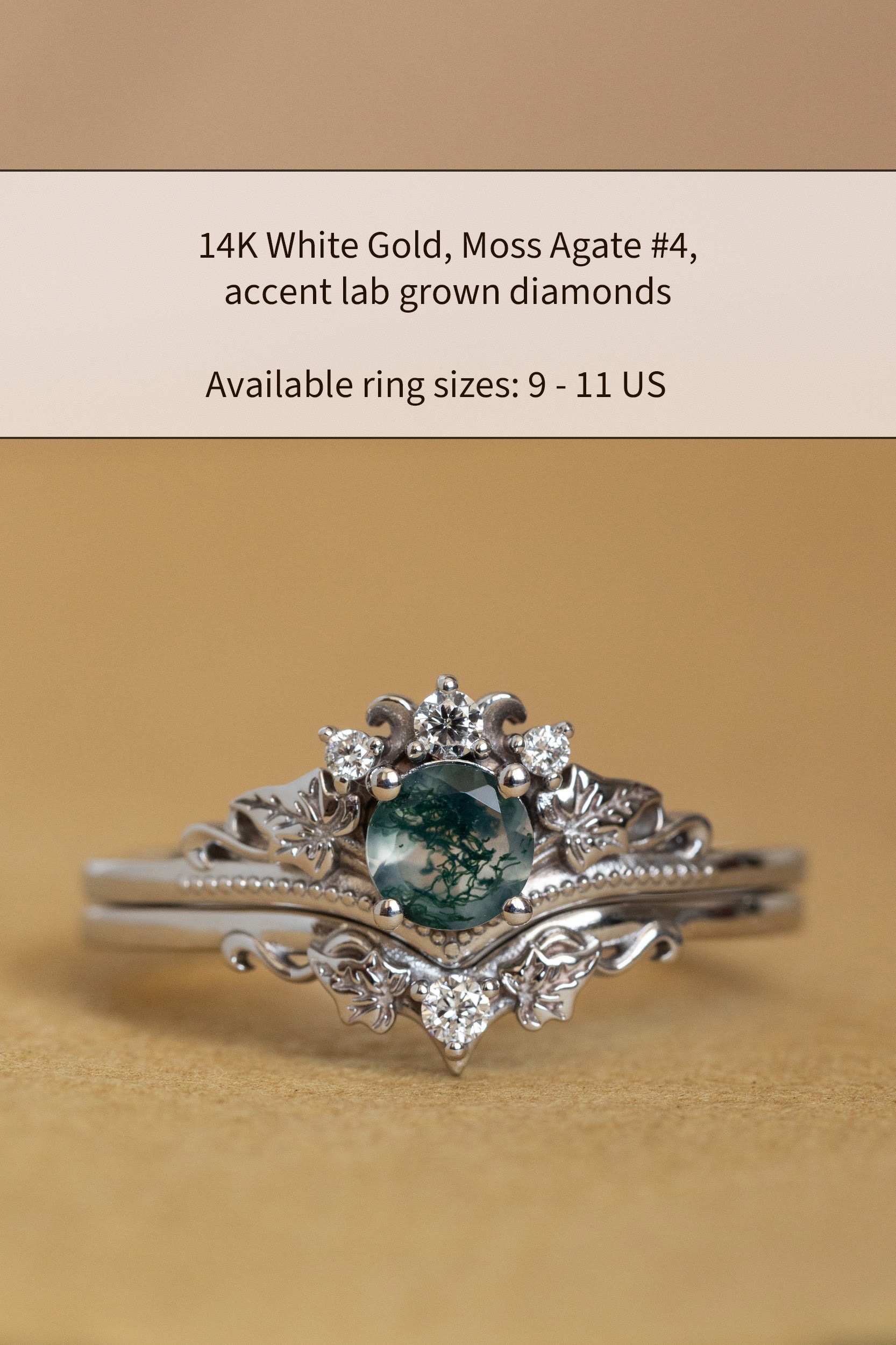 READY TO SHIP Ariadne bridal ring set in 14K white gold, natural moss agate 5 mm, accent lab grown diamonds, AVAILABLE RING SIZES: 5.5 - 11 US - Image 5