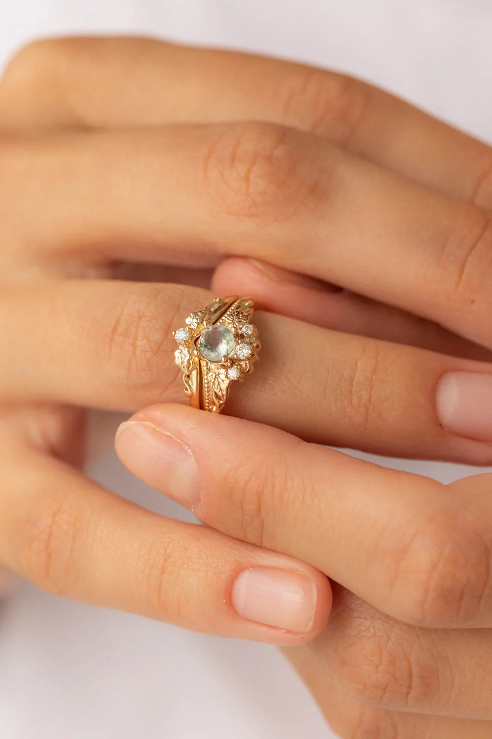 READY TO SHIP Ariadne bridal ring set in 14K white gold, natural moss agate 5 mm, accent lab grown diamonds, AVAILABLE RING SIZES: 5.5 - 11 US - Image 7