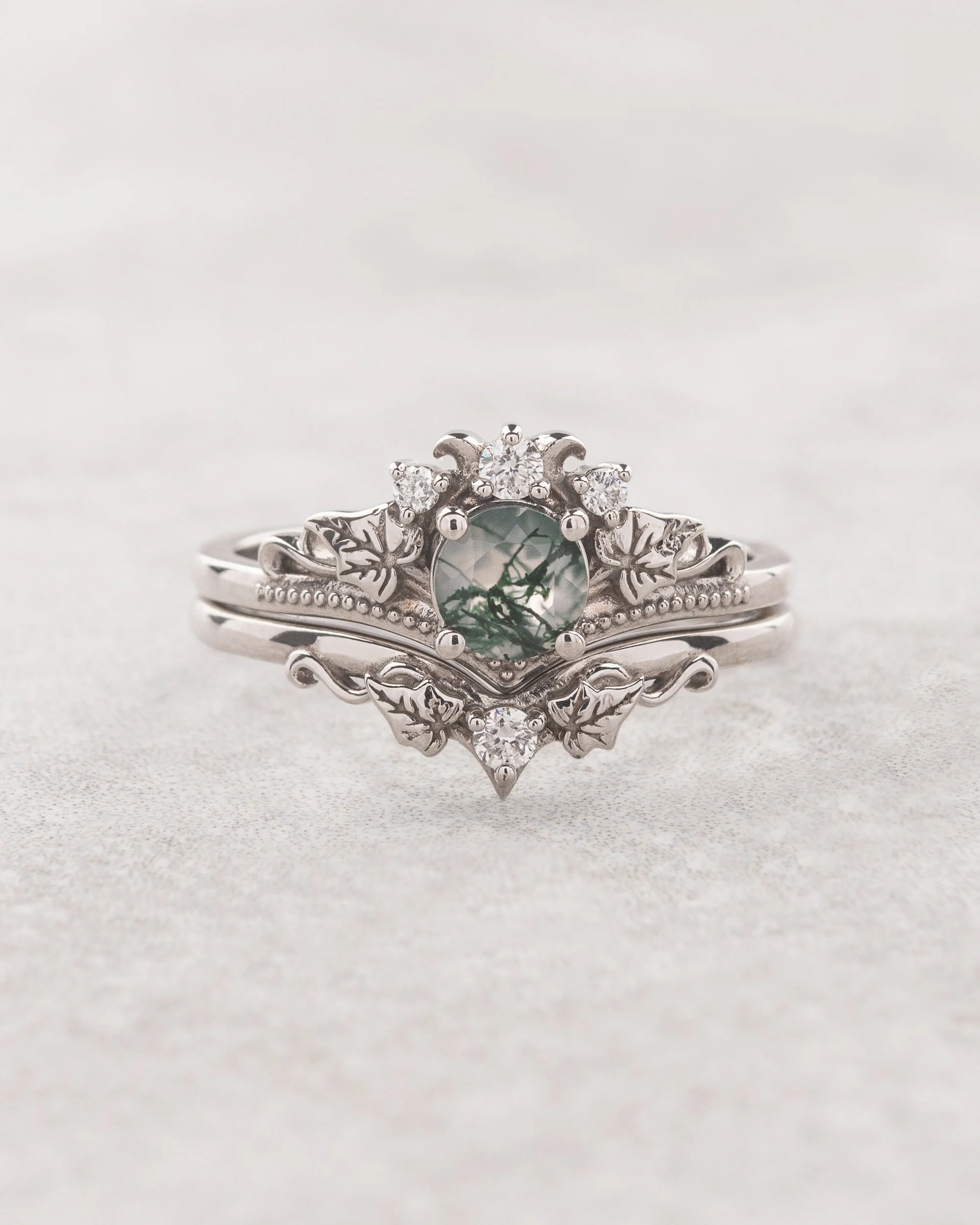 READY TO SHIP Ariadne bridal ring set in 18K white gold, natural moss agate 5 mm, accent moissanites, AVAILABLE RING SIZES: 8.5 - 11.5 US