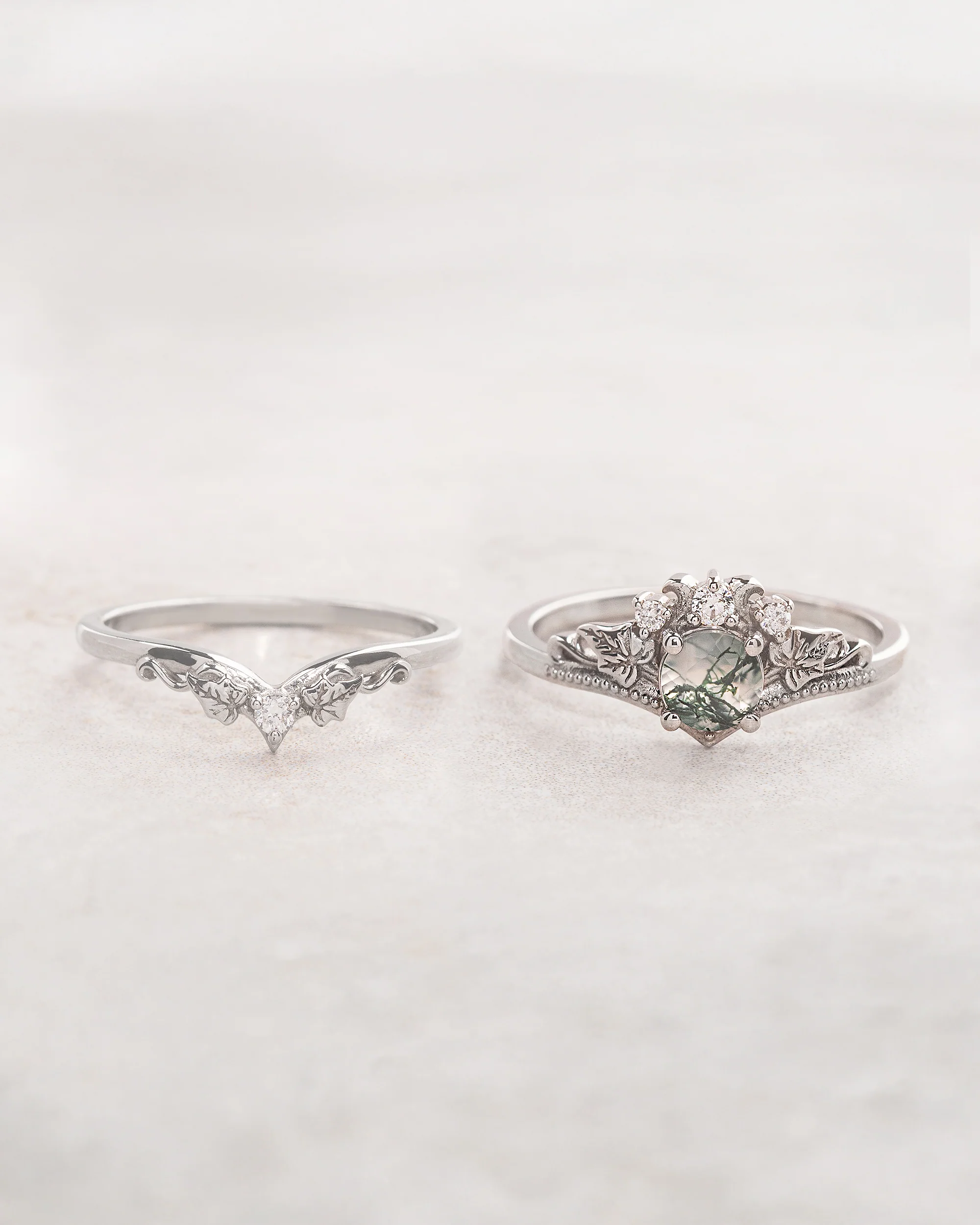 READY TO SHIP Ariadne bridal ring set in 18K white gold, natural moss agate 5 mm, accent moissanites, AVAILABLE RING SIZES: 8.5 - 11.5 US - Image 2
