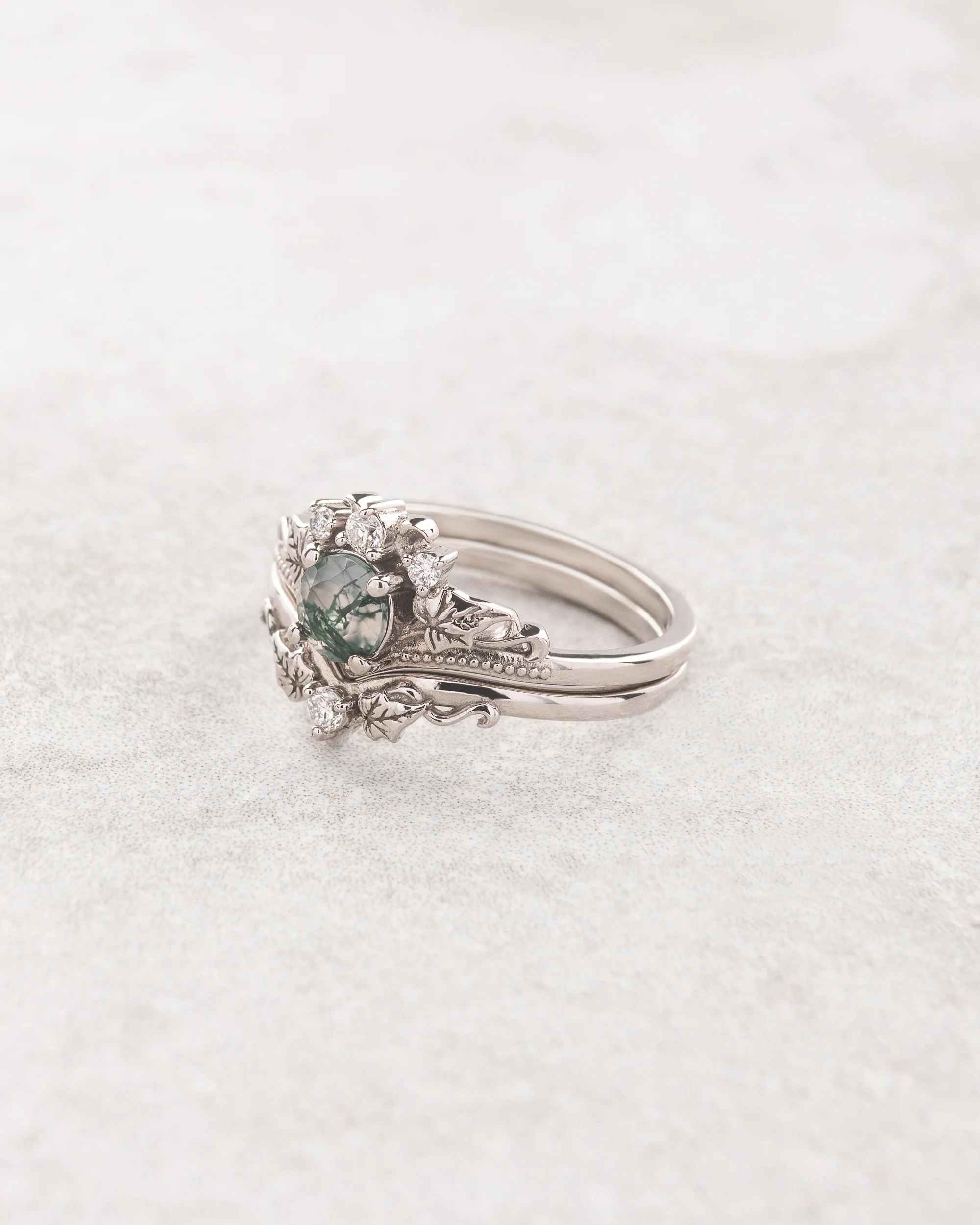 READY TO SHIP Ariadne bridal ring set in 18K white gold, natural moss agate 5 mm, accent moissanites, AVAILABLE RING SIZES: 8.5 - 11.5 US - Image 3