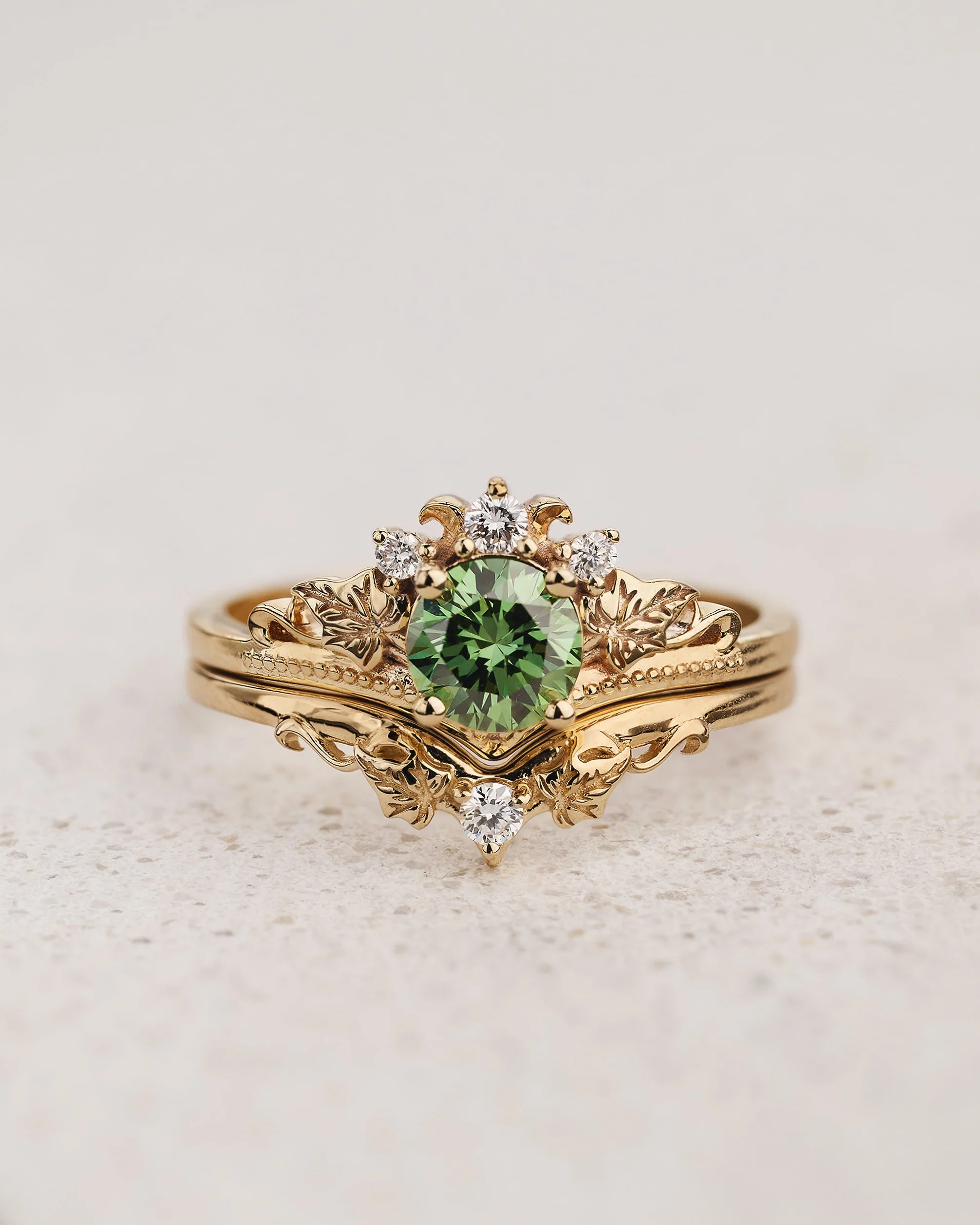 Ivy Leaves Bridal Set with Green (Lab-grown) Diamond / Ariadne