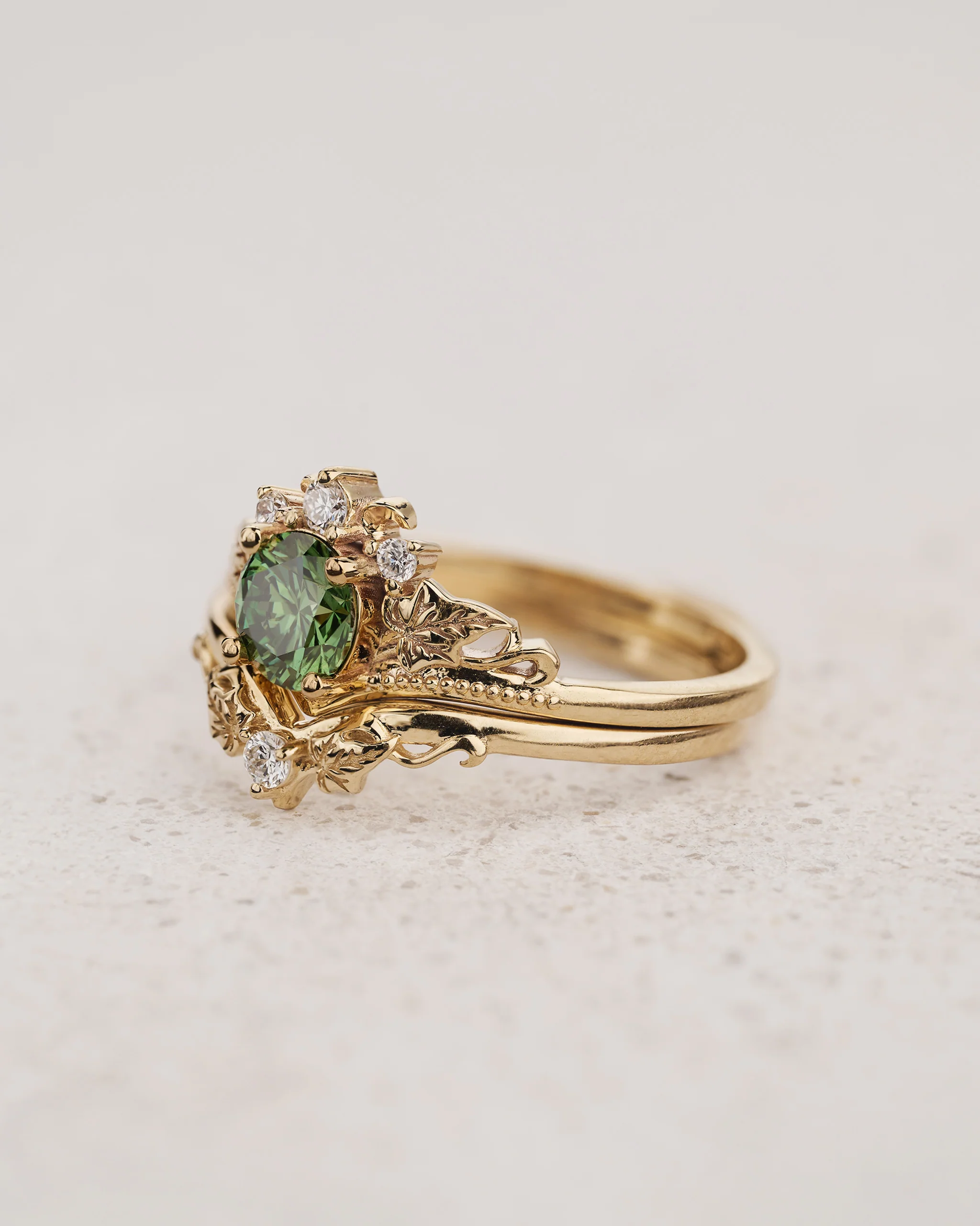 Ivy Leaves Bridal Set with Green (Lab-grown) Diamond / Ariadne - Image 6