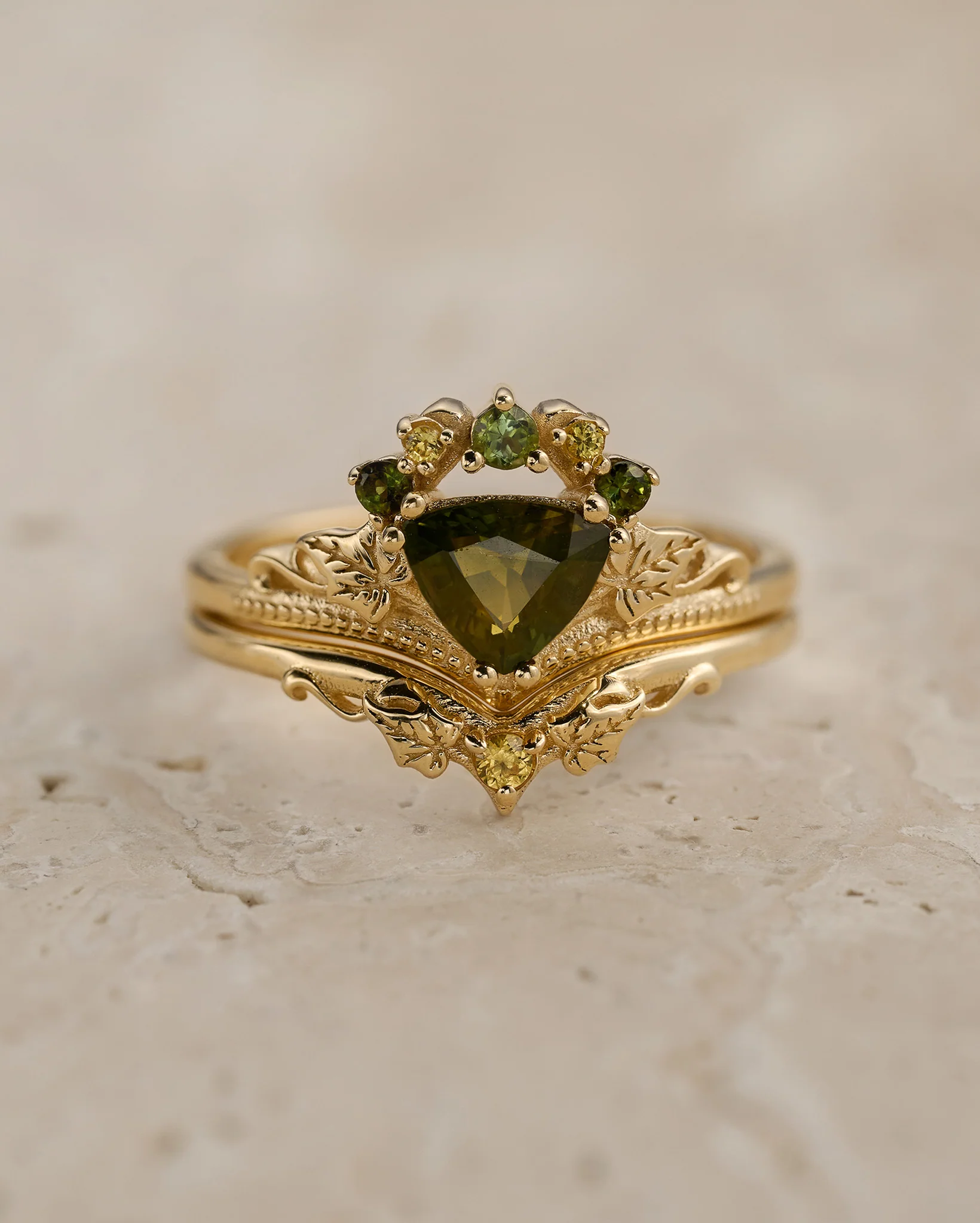 READY TO SHIP Ariadne bridal set in 14K yellow gold, natural green sapphire, green tourmalines & yellow sapphires, AVAILABLE RING SIZES: 5.5 - 8.5 US
