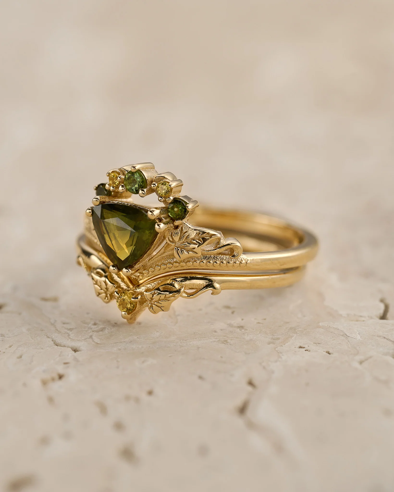 READY TO SHIP Ariadne bridal set in 14K yellow gold, natural green sapphire, green tourmalines & yellow sapphires, AVAILABLE RING SIZES: 5.5 - 8.5 US - Image 2