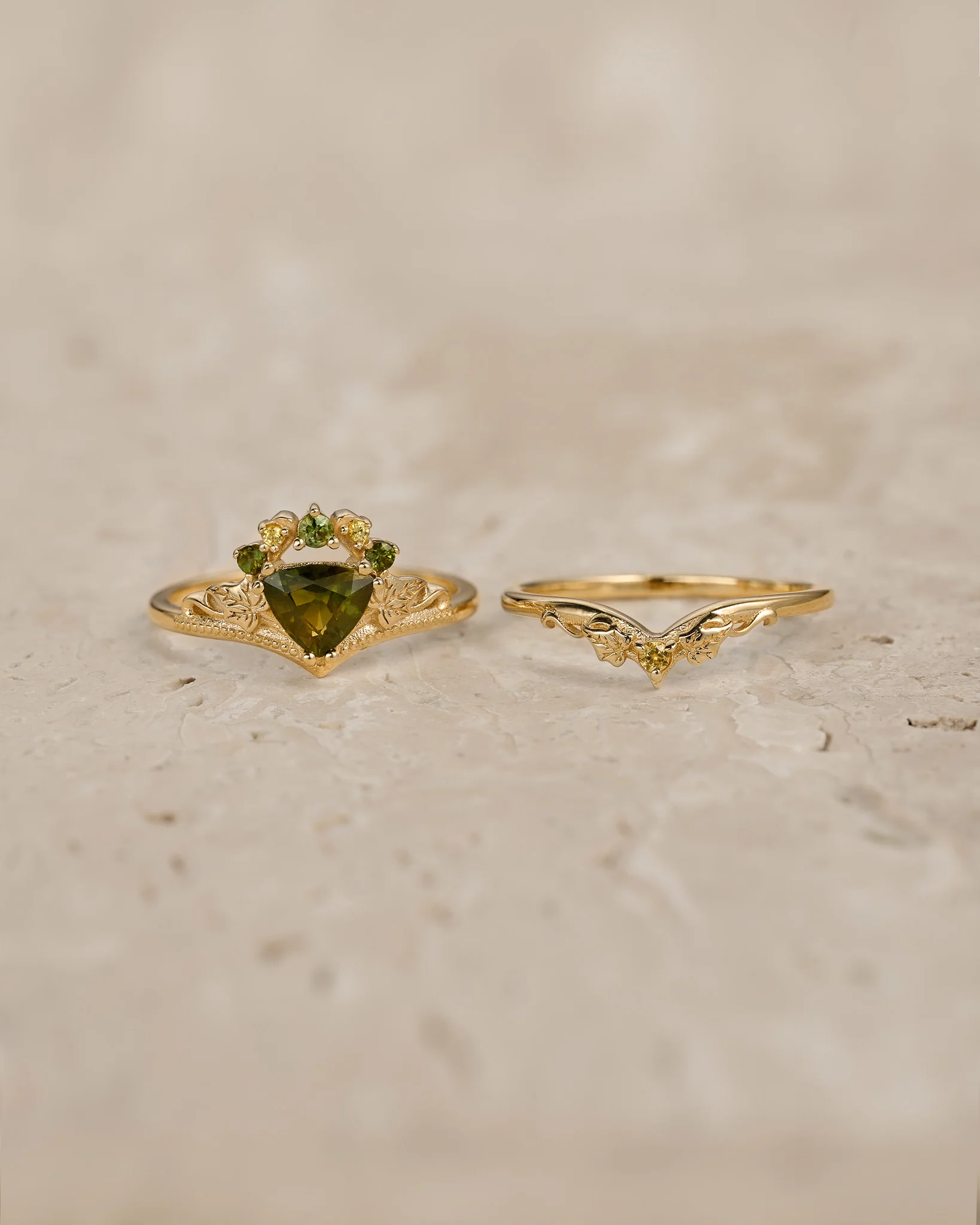 READY TO SHIP Ariadne bridal set in 14K yellow gold, natural green sapphire, green tourmalines & yellow sapphires, AVAILABLE RING SIZES: 5.5 - 8.5 US - Image 3