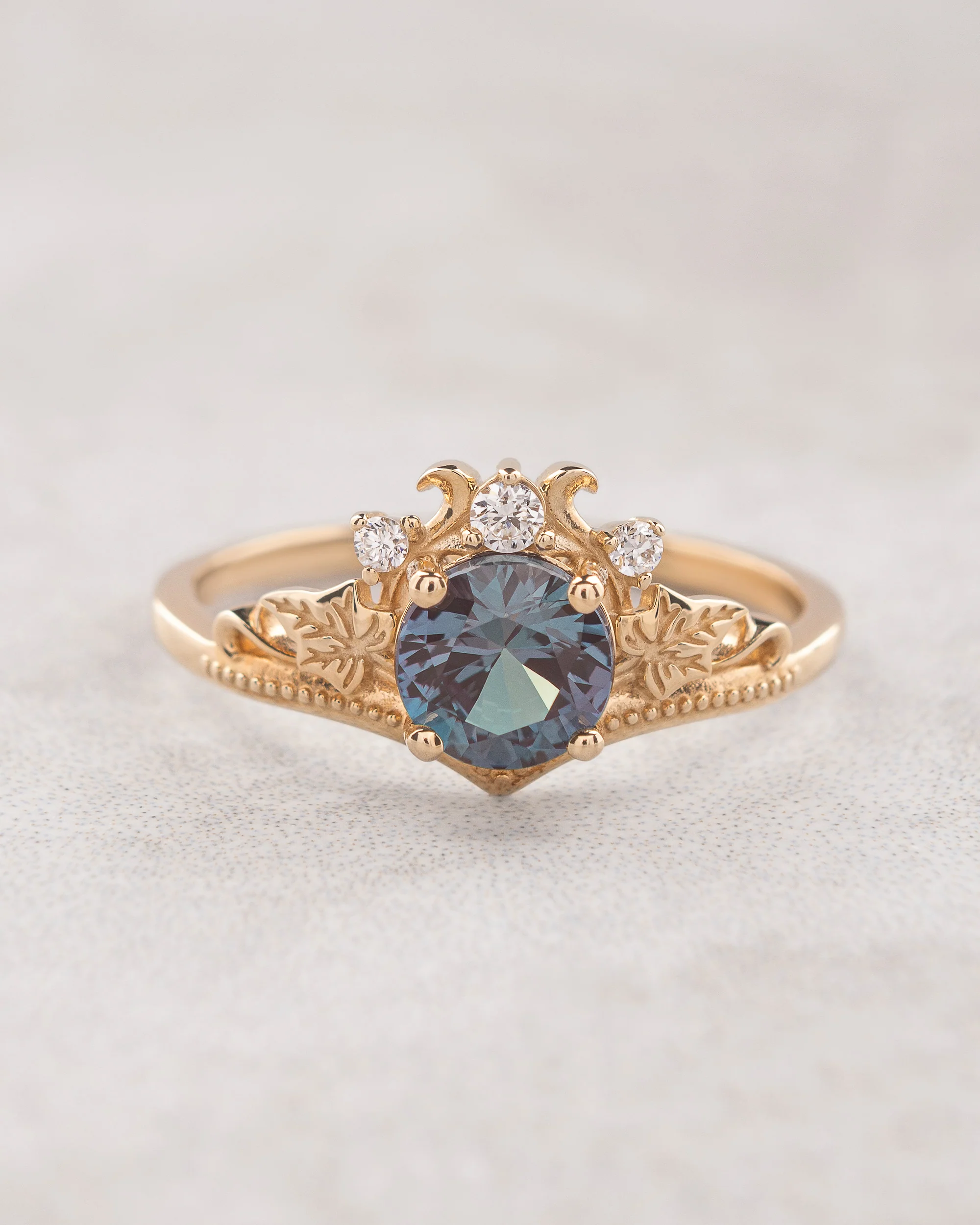 READY TO SHIP: Ariadne engagement ring with colour changing alexandrite 6mm, 14K yellow gold, AVAILABLE RING SIZES: 5.5 - 8.5 US