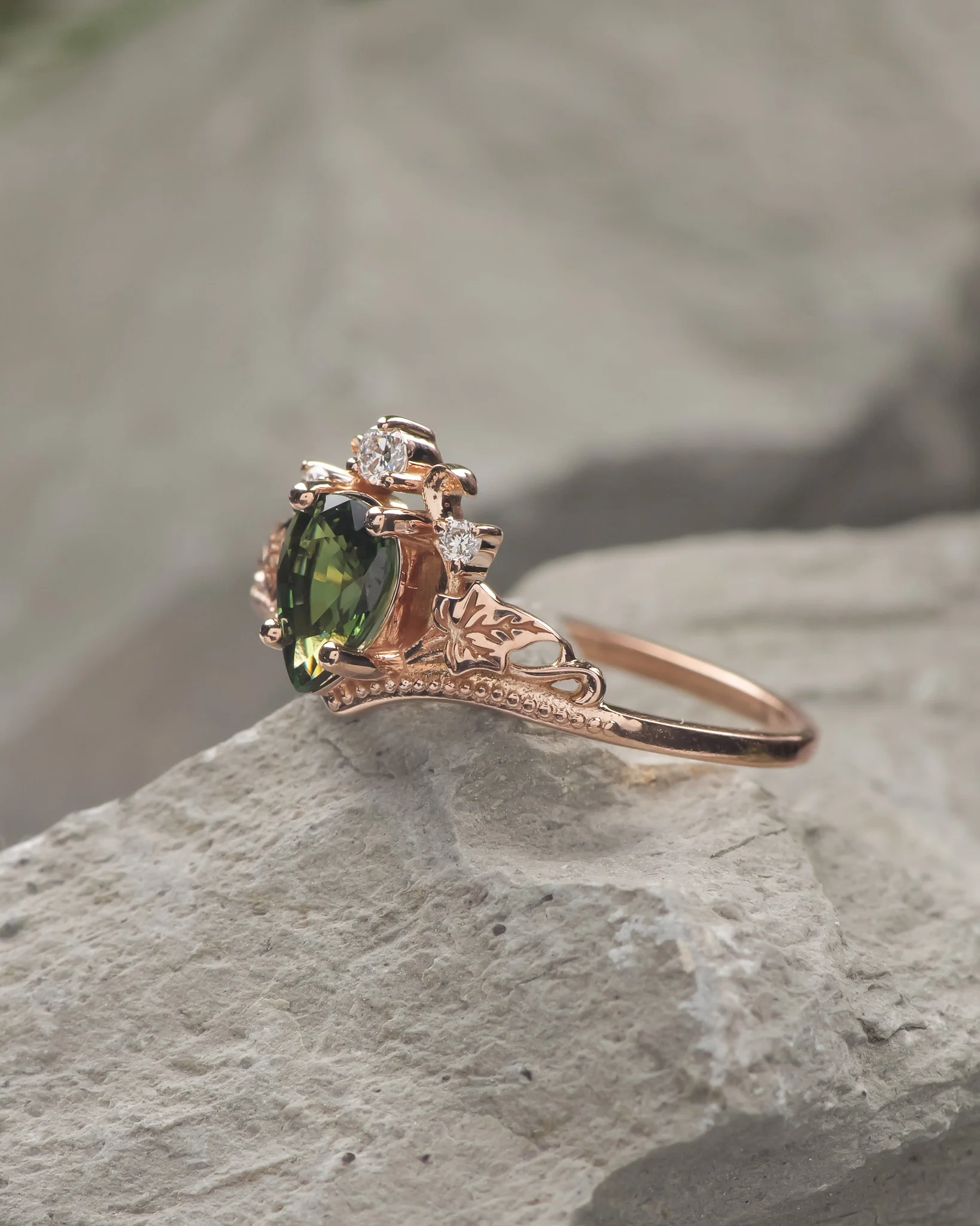 READY TO SHIP Ariadne engagement ring with natural green sapphire and lab diamonds, 14K rose gold, RING SIZES: 5.5 - 8.5 US - Image 2