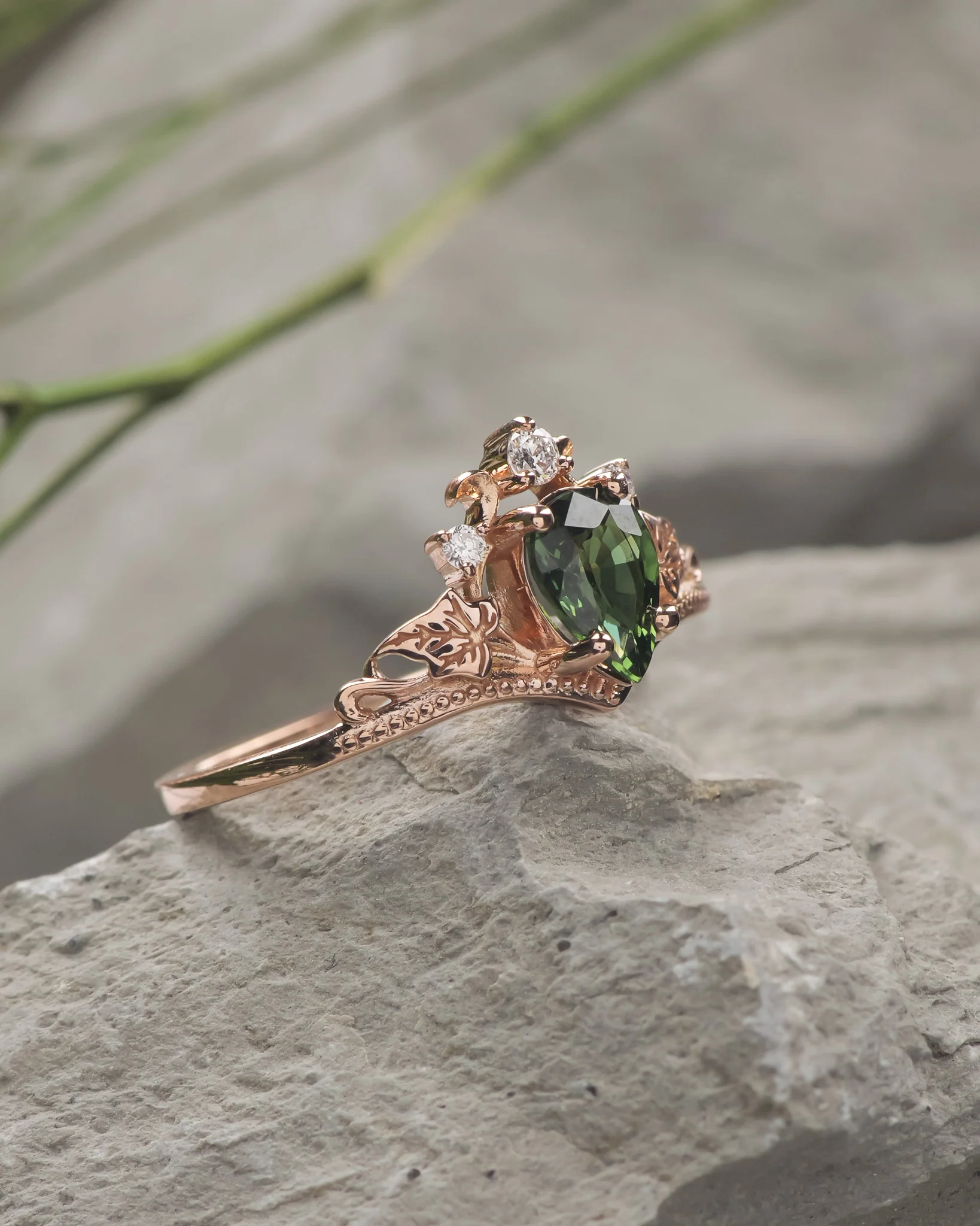 READY TO SHIP Ariadne engagement ring with natural green sapphire and lab diamonds, 14K rose gold, RING SIZES: 5.5 - 8.5 US - Image 3