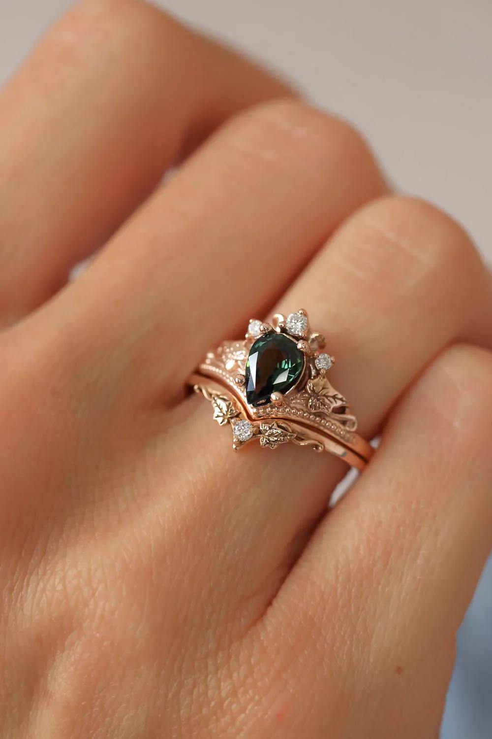 READY TO SHIP Ariadne engagement ring with natural green sapphire and lab diamonds, 14K rose gold, RING SIZES: 5.5 - 8.5 US - Image 4