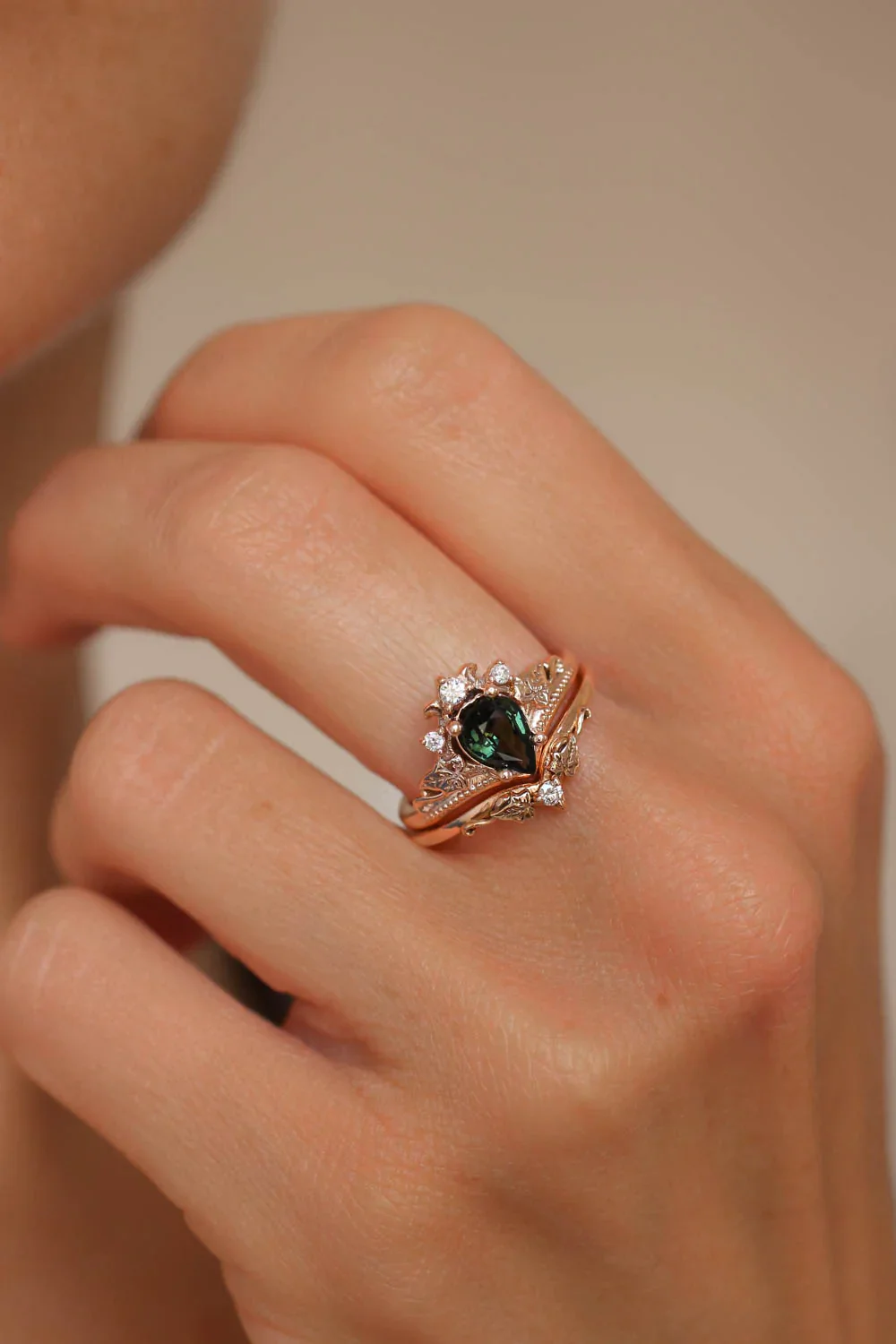 READY TO SHIP Ariadne engagement ring with natural green sapphire and lab diamonds, 14K rose gold, RING SIZES: 5.5 - 8.5 US - Image 5