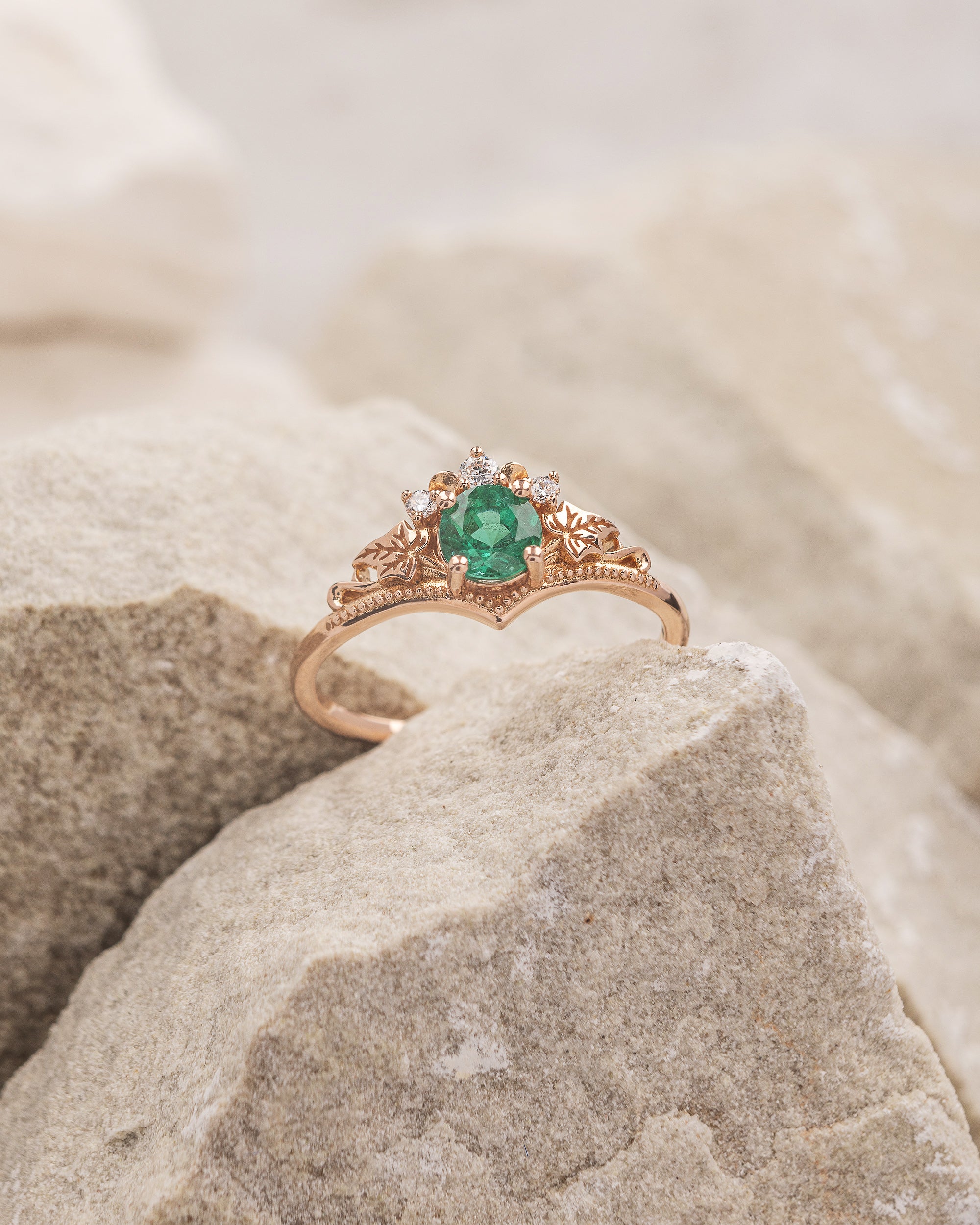 READY TO SHIP Ariadne engagement ring with natural emerald, 14K rose gold, AVAILABLE RING SIZES: 5.5 - 8.5 US - Image 4