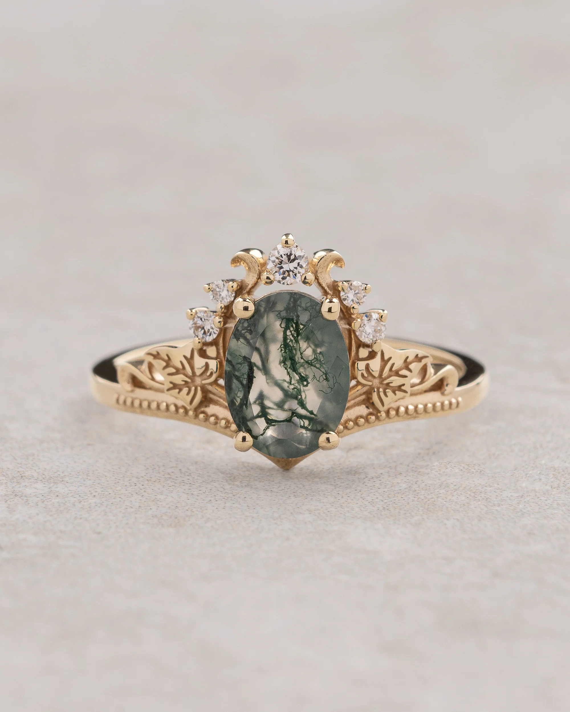 READY TO SHIP Ariadne engagement ring with oval moss agate, 14K yellow gold, AVAILABLE RING SIZES: 5.5 - 8.5 US