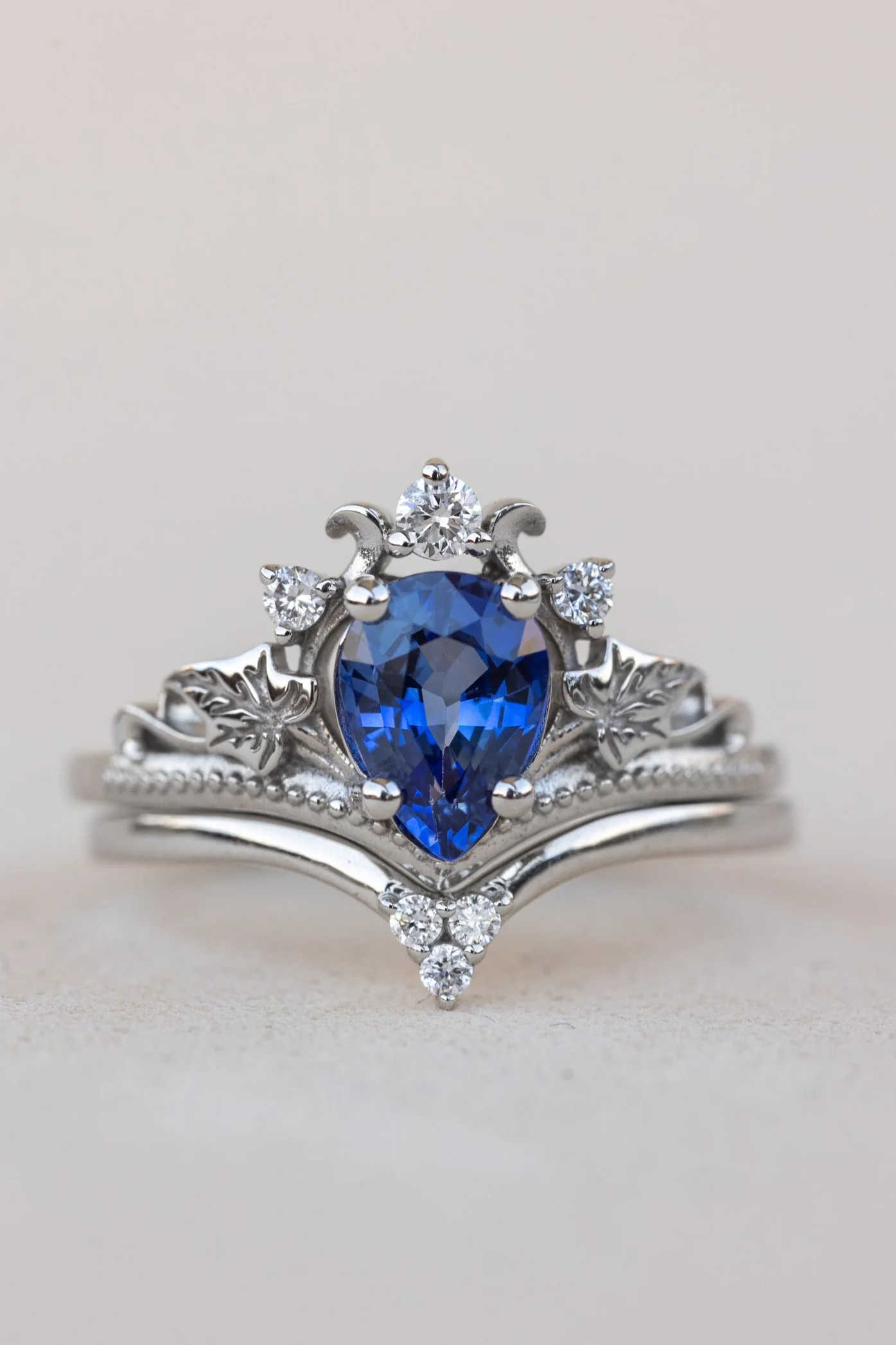 READY TO SHIP Ariadne bridal set in 14K white gold, pear cut natural sapphire 7x5 mm, lab grown diamonds, RING SIZE: 3 - 6  US