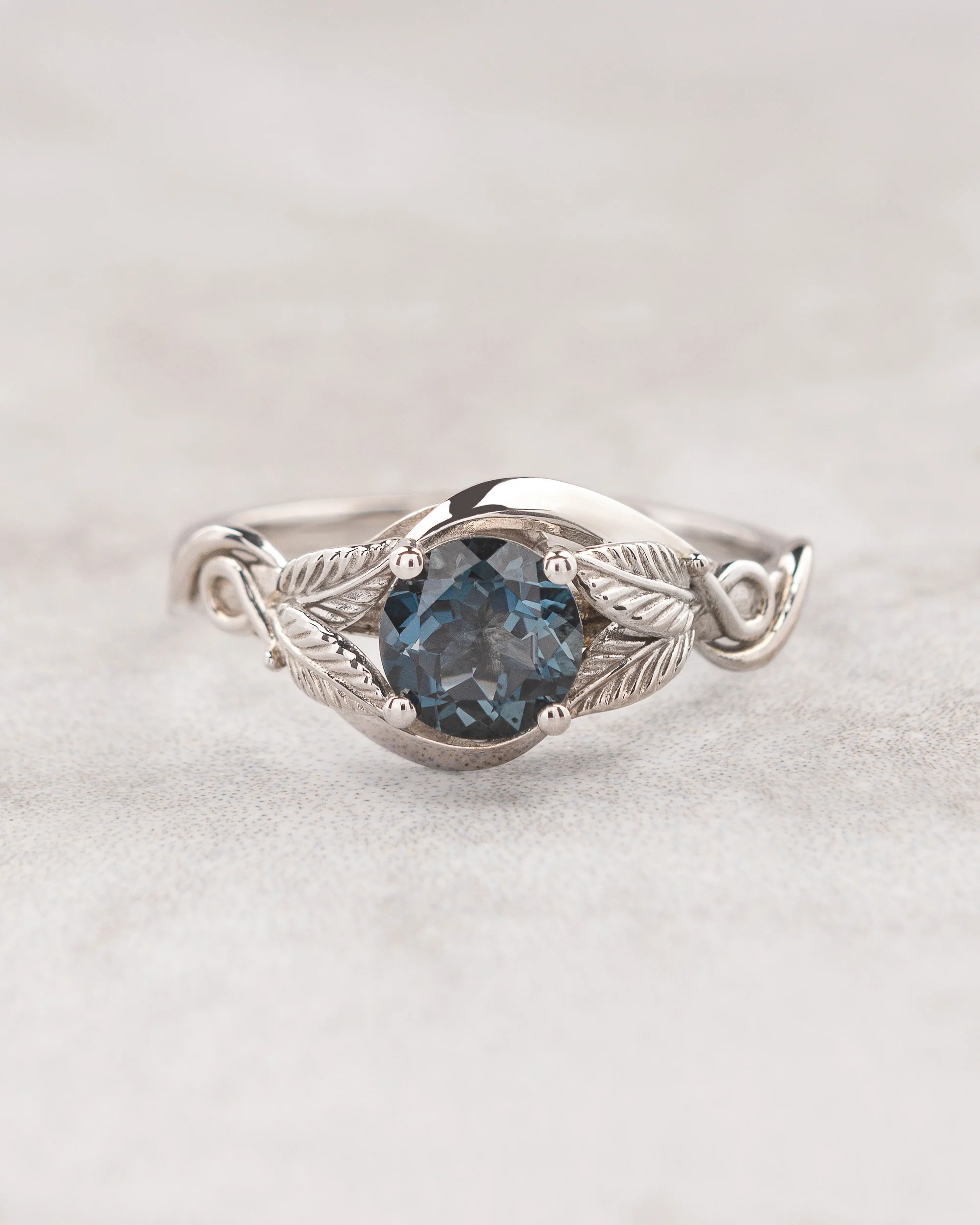 READY TO SHIP Azalea engagement ring in 14K white gold, London Blue Topaz, round cut 6 mm, AVAILABLE RING SIZE: 5.5 - 8.5 US