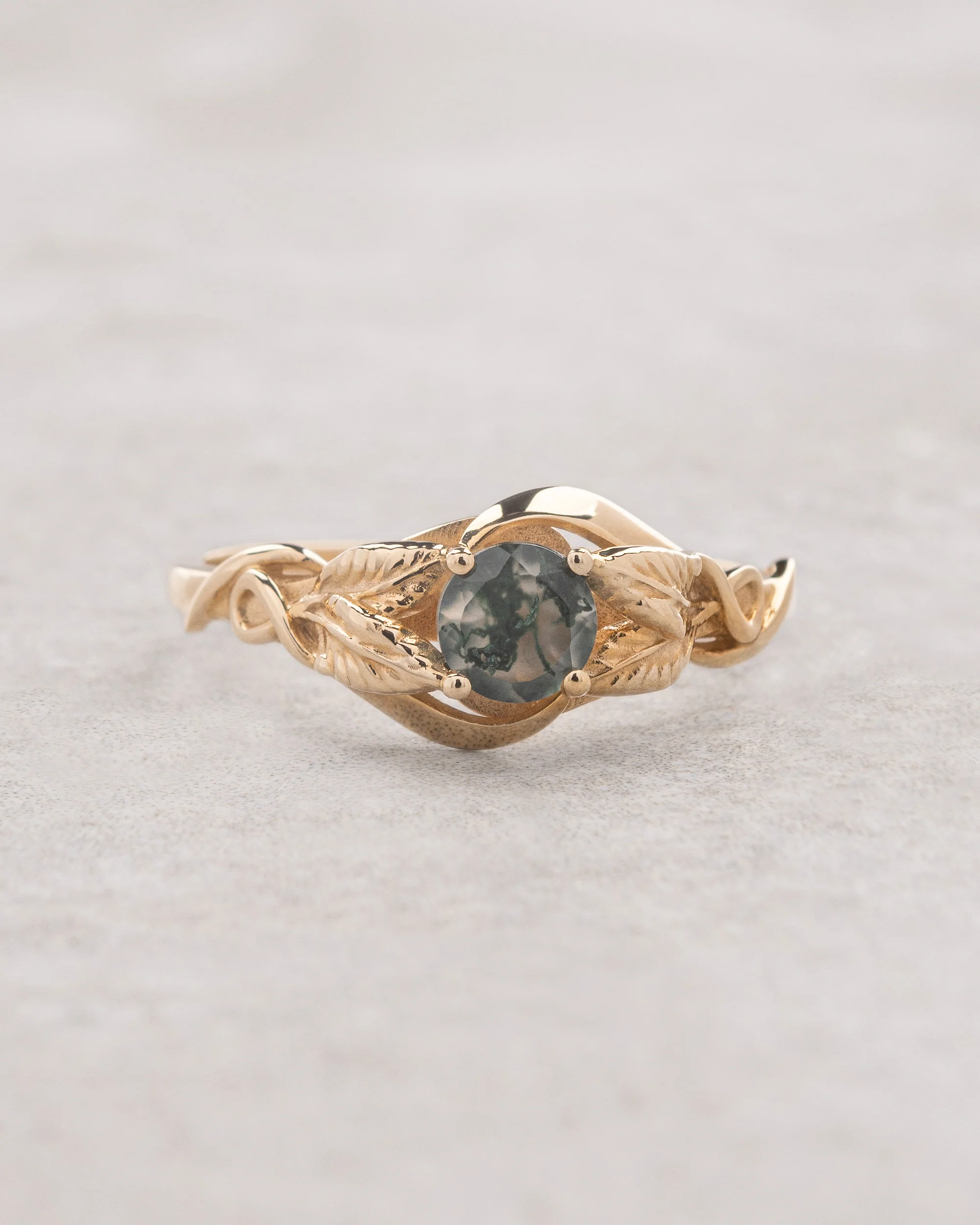 READY TO SHIP Azalea ring in 14K yellow gold, natural moss agate round cut 5 mm, AVAILABLE RING SIZES: 3.5 - 9.5 US