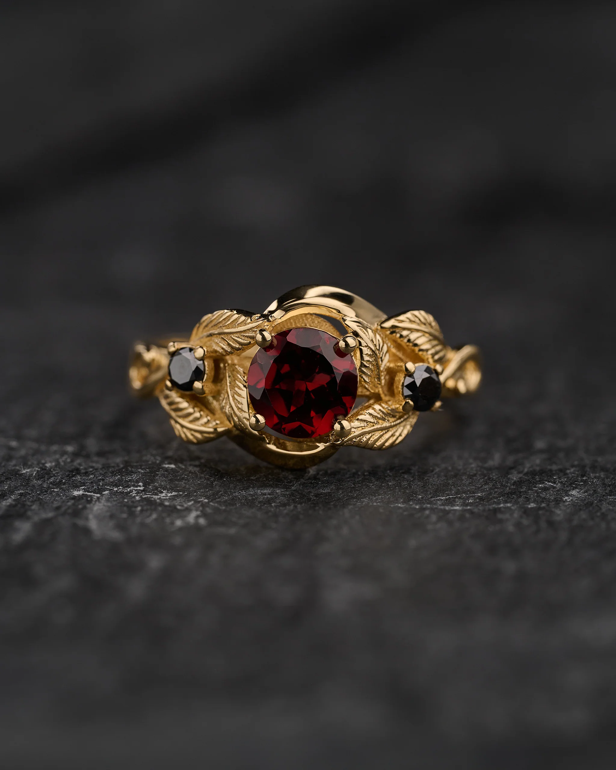 Natural garnet and black diamonds engagement ring, gold leaf proposal ring / Azalea
