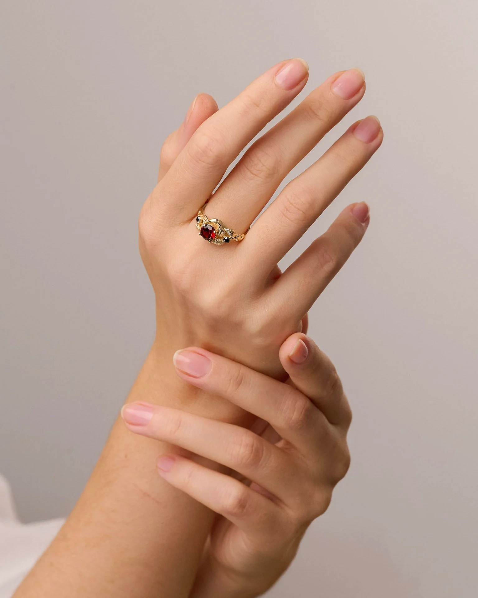 Natural garnet and black diamonds engagement ring, gold leaf proposal ring / Azalea - Image 2