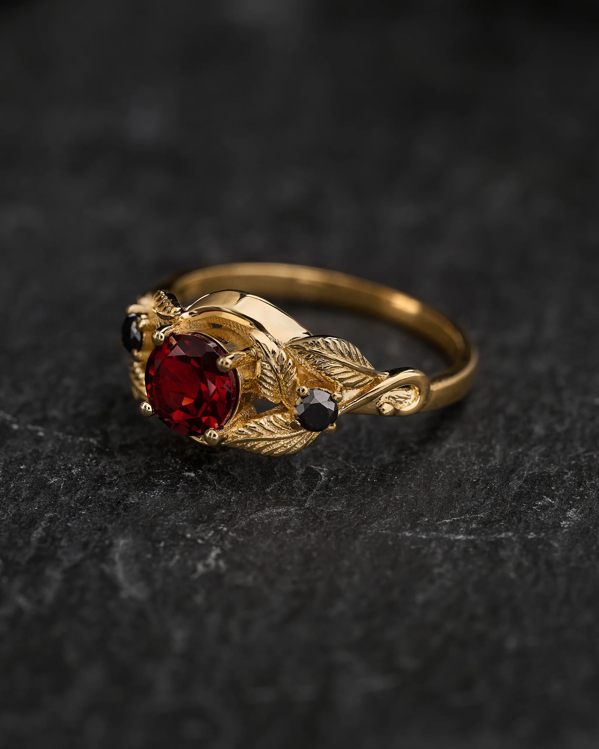 Natural garnet and black diamonds engagement ring, gold leaf proposal ring / Azalea - Image 3