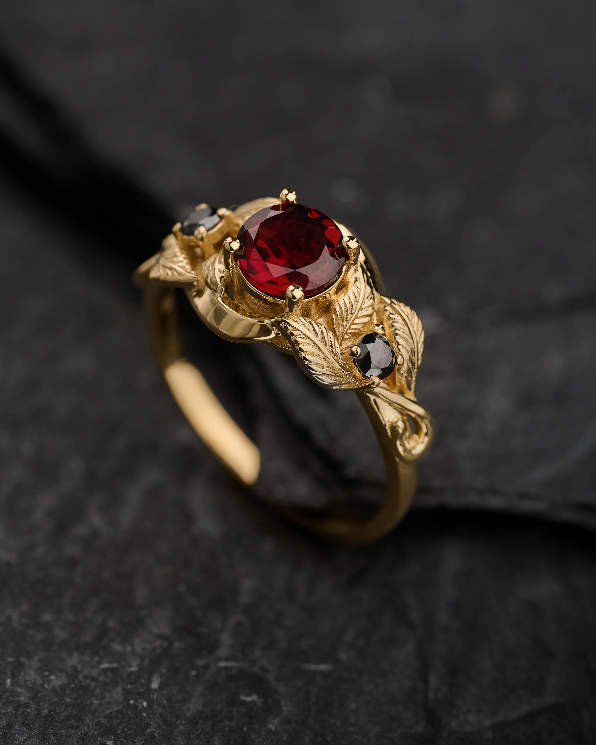 Natural garnet and black diamonds engagement ring, gold leaf proposal ring / Azalea - Image 4