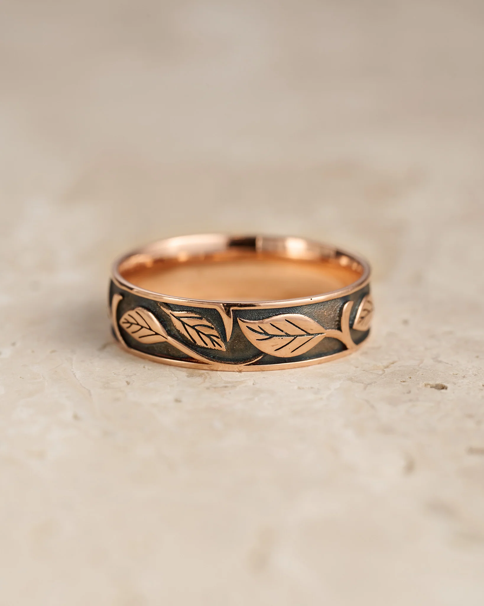 READY TO SHIP: Black rhodium plating gold leaves wedding band, 14k rose gold, AVAILABLE RING SIZE: 10 US