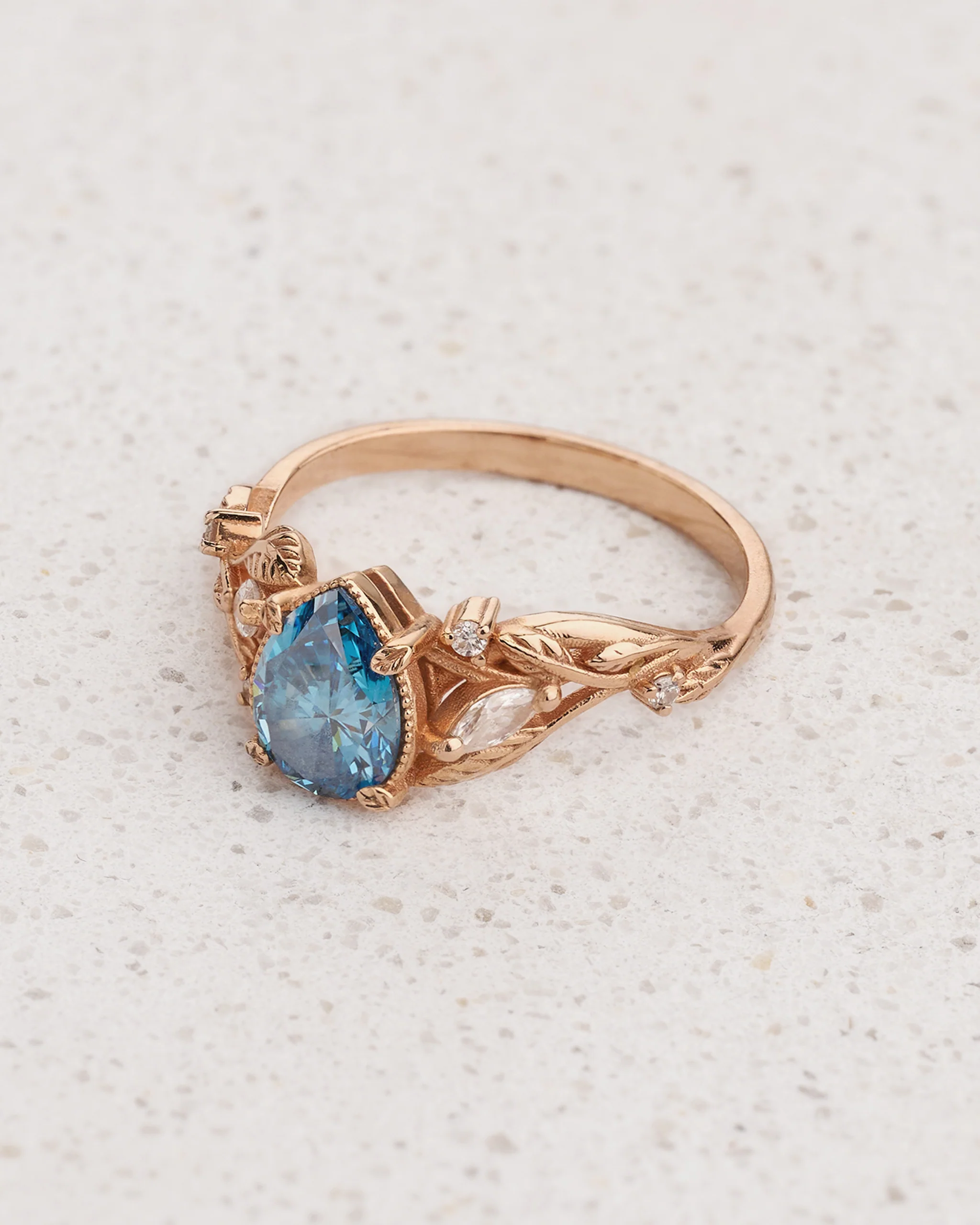 READY TO SHIP Blue lab grown diamond engagement ring, accent diamonds, 14K rose gold, AVAILABLE SIZES 5.5 - 8.5 US - Image 3