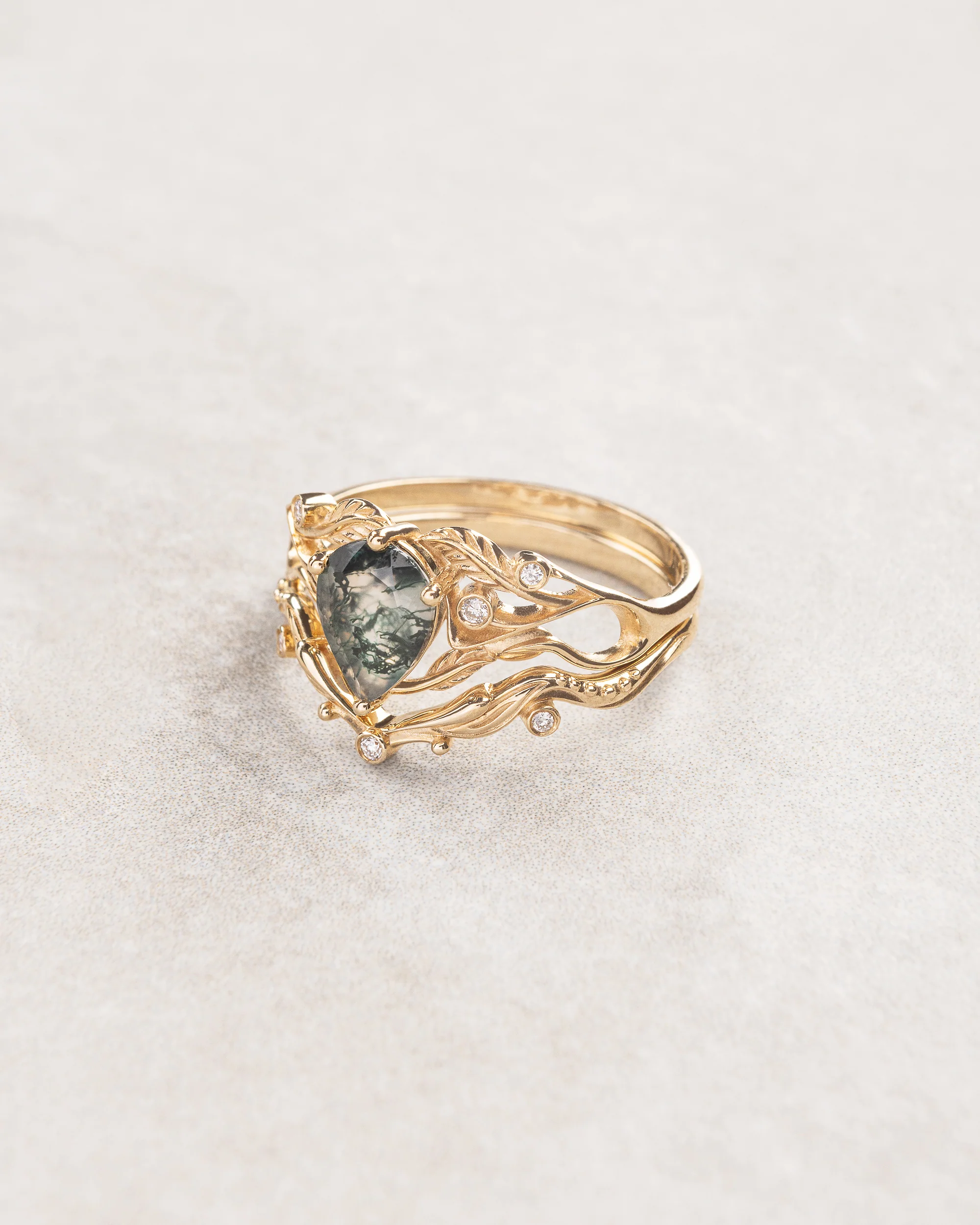 Art nouveau inspired moss agate bridal ring set with diamonds / Callisto - Image 2