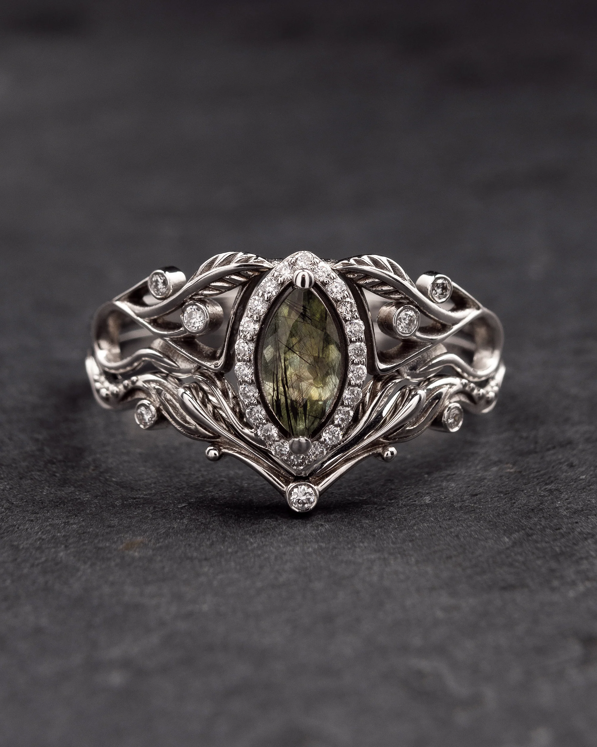 Unusual engagement ring with rutile peridot and diamond halo / Callisto - Image 5