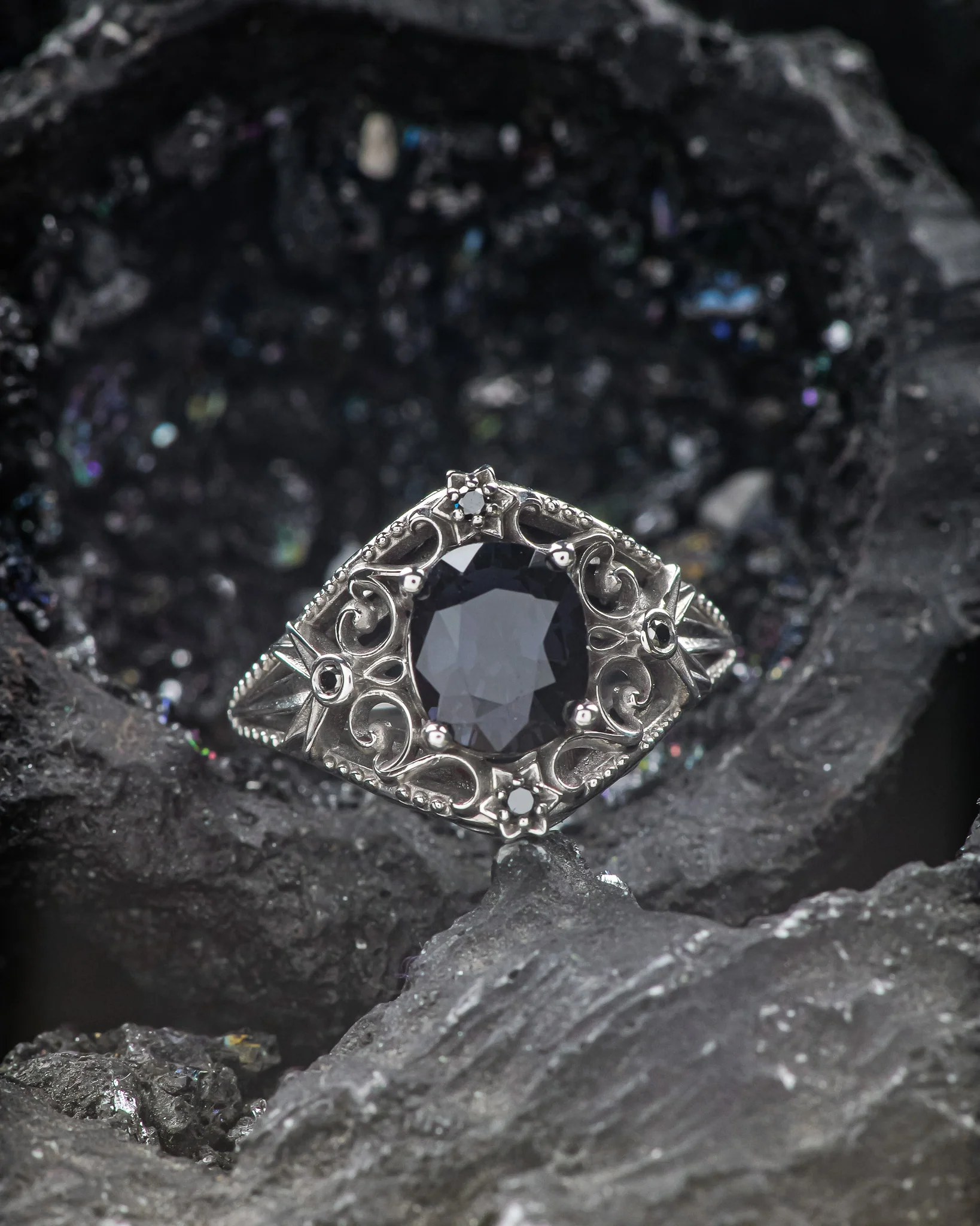 READY TO SHIP Cosmic engagement ring with grey spinel and black diamonds / Galaxia, RING SIZE 7 US