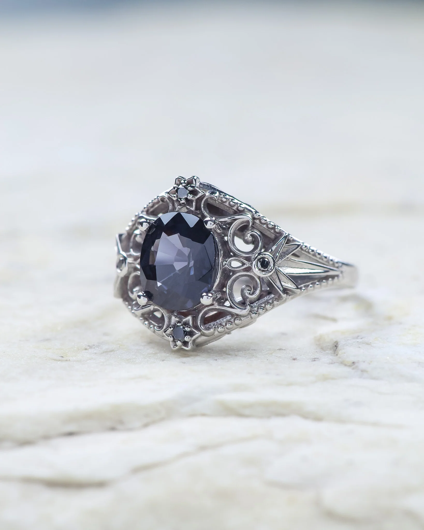 READY TO SHIP Cosmic engagement ring with grey spinel and black diamonds / Galaxia, RING SIZE 7 US - Image 4