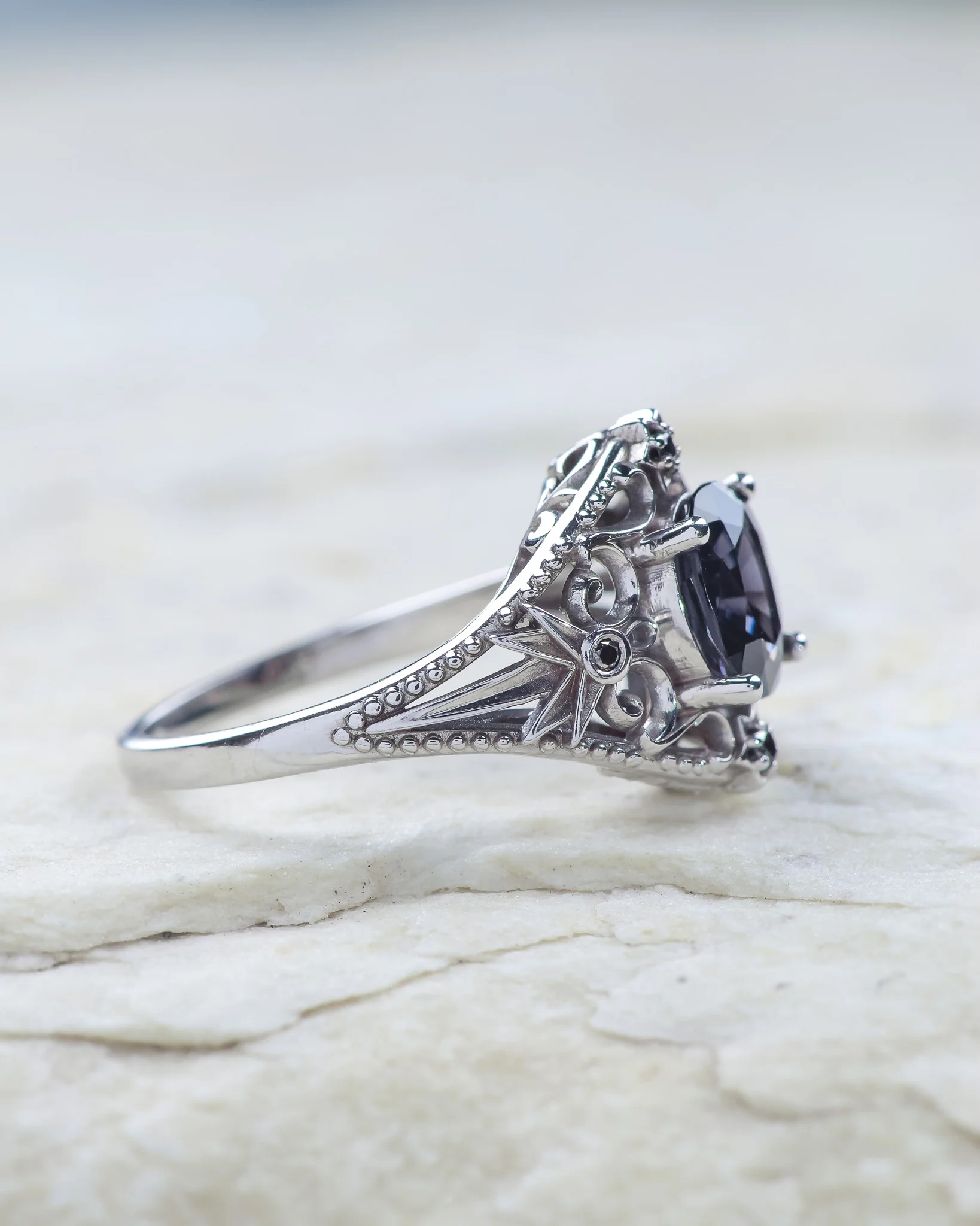 READY TO SHIP Cosmic engagement ring with grey spinel and black diamonds / Galaxia, RING SIZE 7 US - Image 5